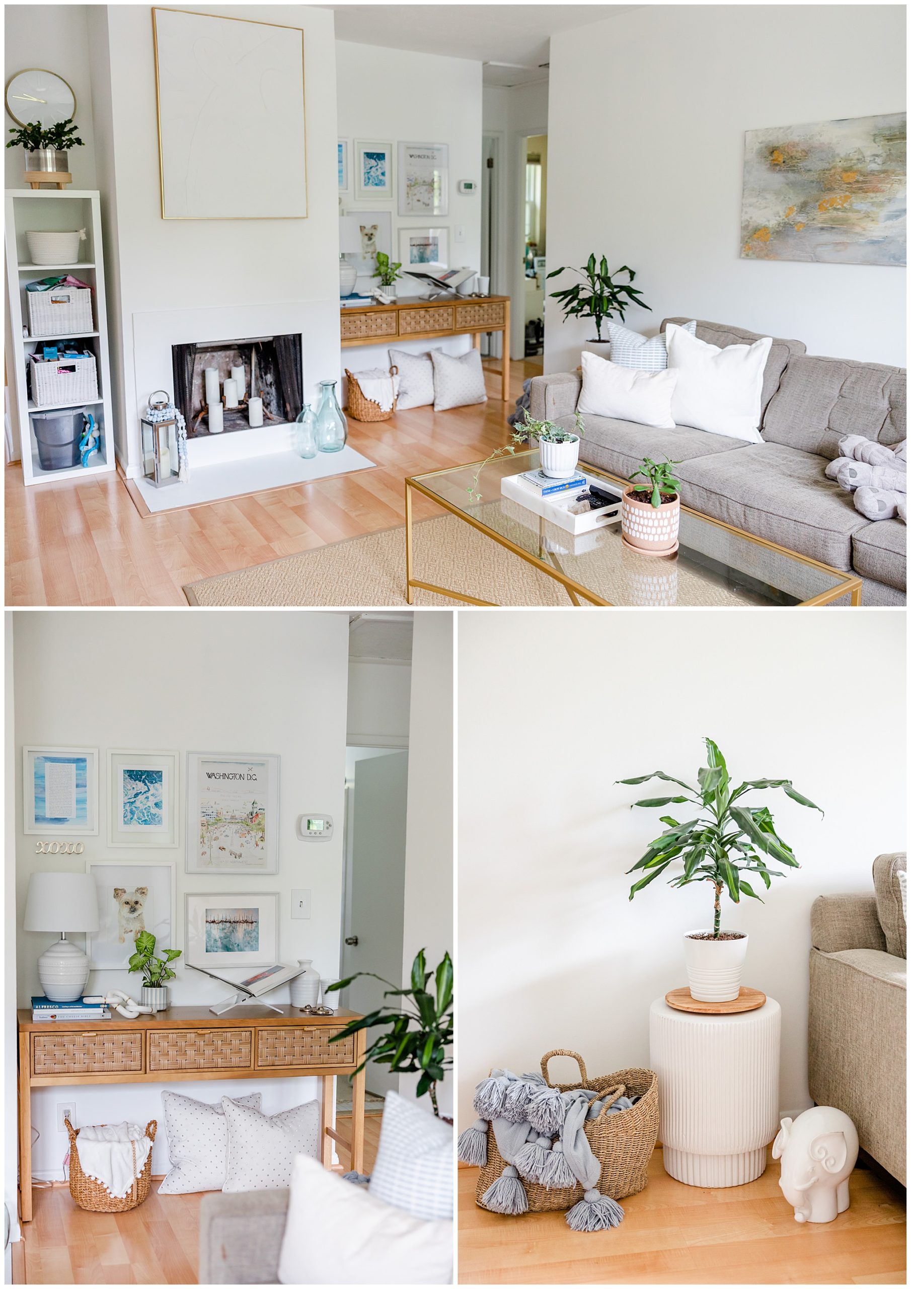 living room tour, apartment tour, photographer's apartment, photographer's life, photographer's aesthetic, Arlington condo living, apartment living, white aesthetic, white and gold aesthetic, condo decor, small space decorating, minimalist decor, subtle beach decor, Rachel E.H. Photography, DC photographer, fireplace with candles, gray couch, plant on side table, basket for blankets
