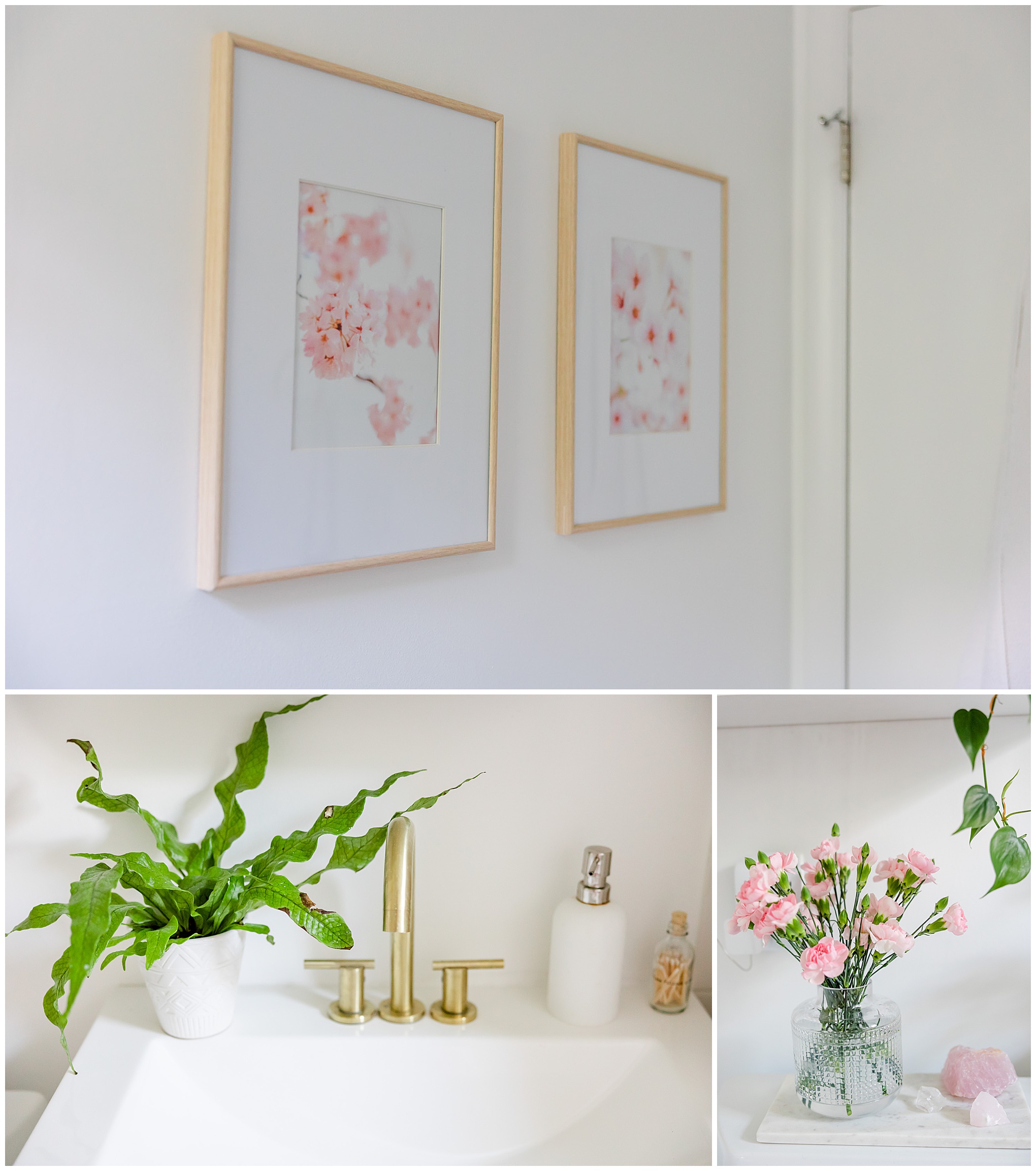 cherry blossoms bathroom inspiration, apartment tour, bathroom decor, bedrooom decor, pink and gold aesthetic, blue aesthetic, photographer's apartment, photographer's life, photographer's aesthetic, Arlington condo living, apartment living, small bathroom decorating, minimalist decor, subtle beach decor, Rachel E.H. Photography, DC photographer, DC cherry blossoms photographer, print shop, cherry blossom prints, plant on sink, sink with gold fixtures