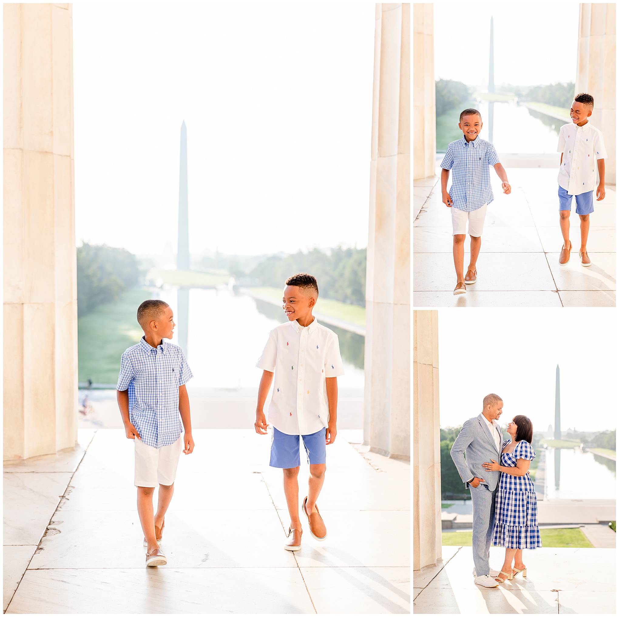 summer Lincoln Memorial family photos, Lincoln Memorial portraits, DC family photos, National Mall family photos, summer of four, family portrait poses, Lincoln Memorial portraits, DC family photographer, Rachel E.H. Photography, brothers walking with each other, parents hugging