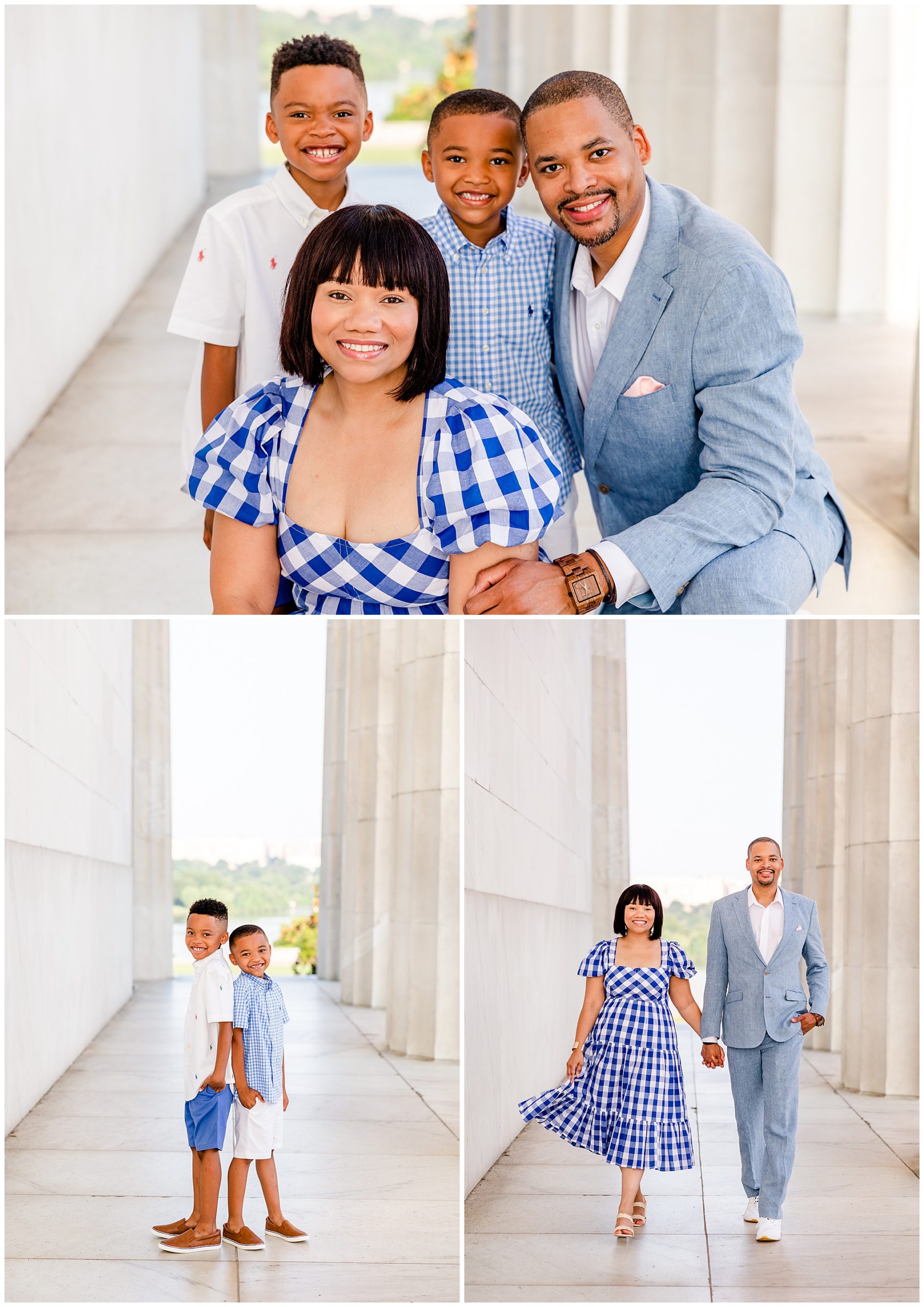 summer Lincoln Memorial family photos, Lincoln Memorial portraits, DC family photos, National Mall family photos, summer of four, family portrait poses, Lincoln Memorial portraits, DC family photographer, Rachel E.H. Photography, brothers with backs together, parents holding hands