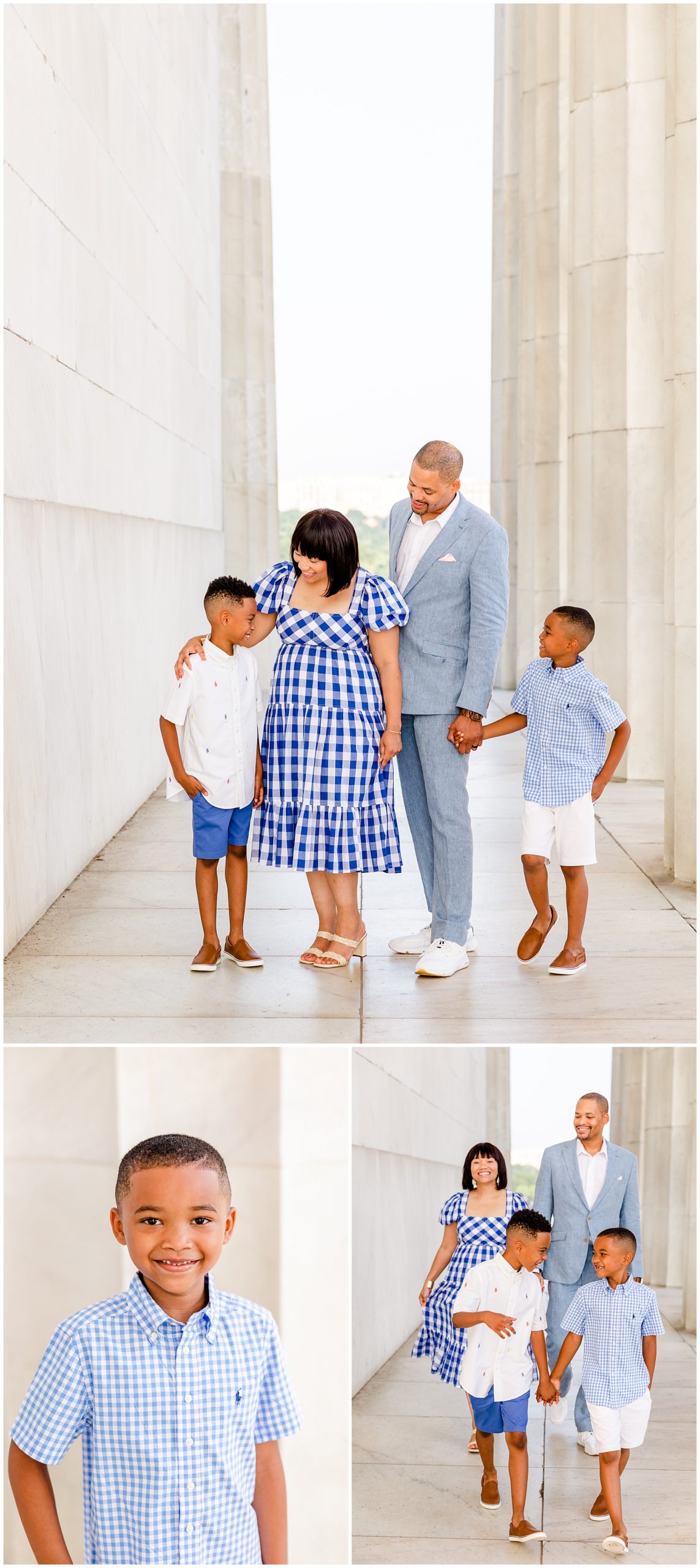 summer Lincoln Memorial family photos, Lincoln Memorial portraits, DC family photos, National Mall family photos, summer of four, family portrait poses, Lincoln Memorial portraits, DC family photographer, Rachel E.H. Photography, brothers holding hands, family smiling at each other
