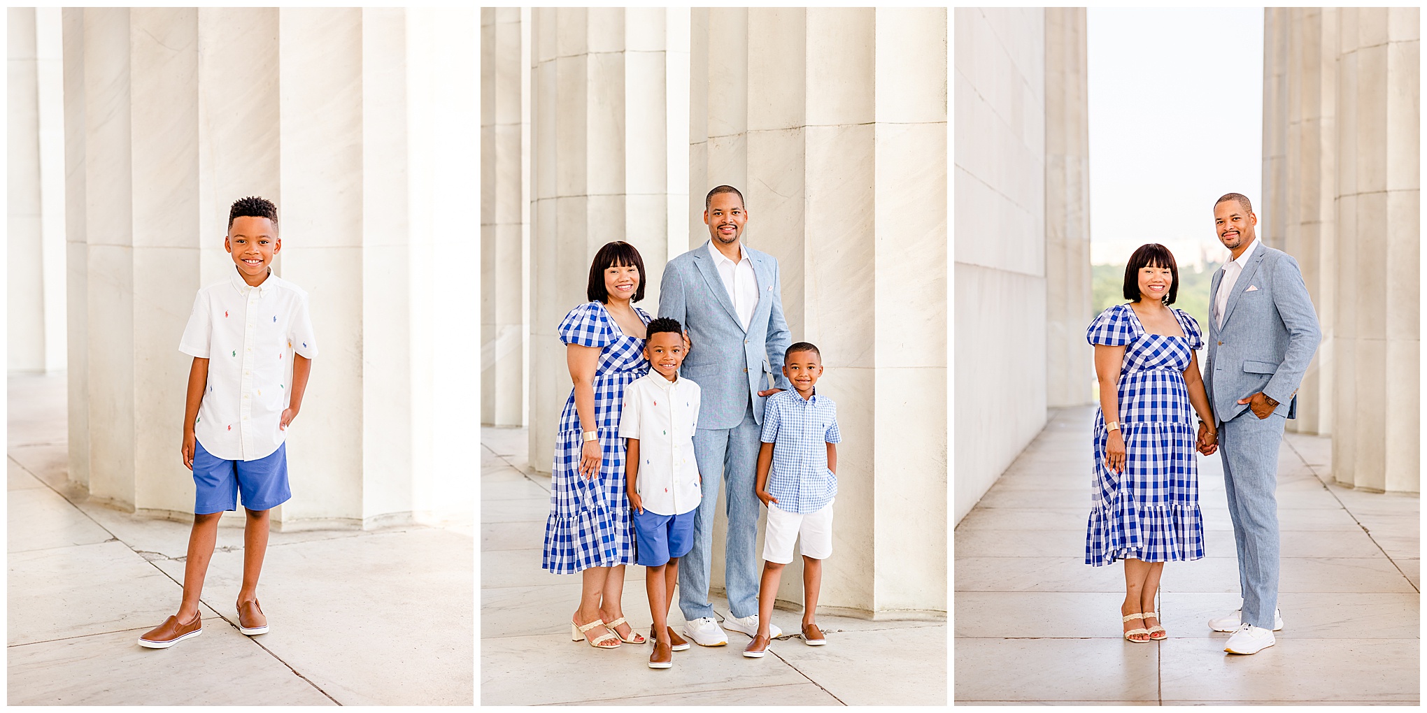 summer Lincoln Memorial family photos, Lincoln Memorial portraits, DC family photos, National Mall family photos, summer of four, family portrait poses, Lincoln Memorial portraits, DC family photographer, Rachel E.H. Photography, boy with hand in pocket, family in front of pillar