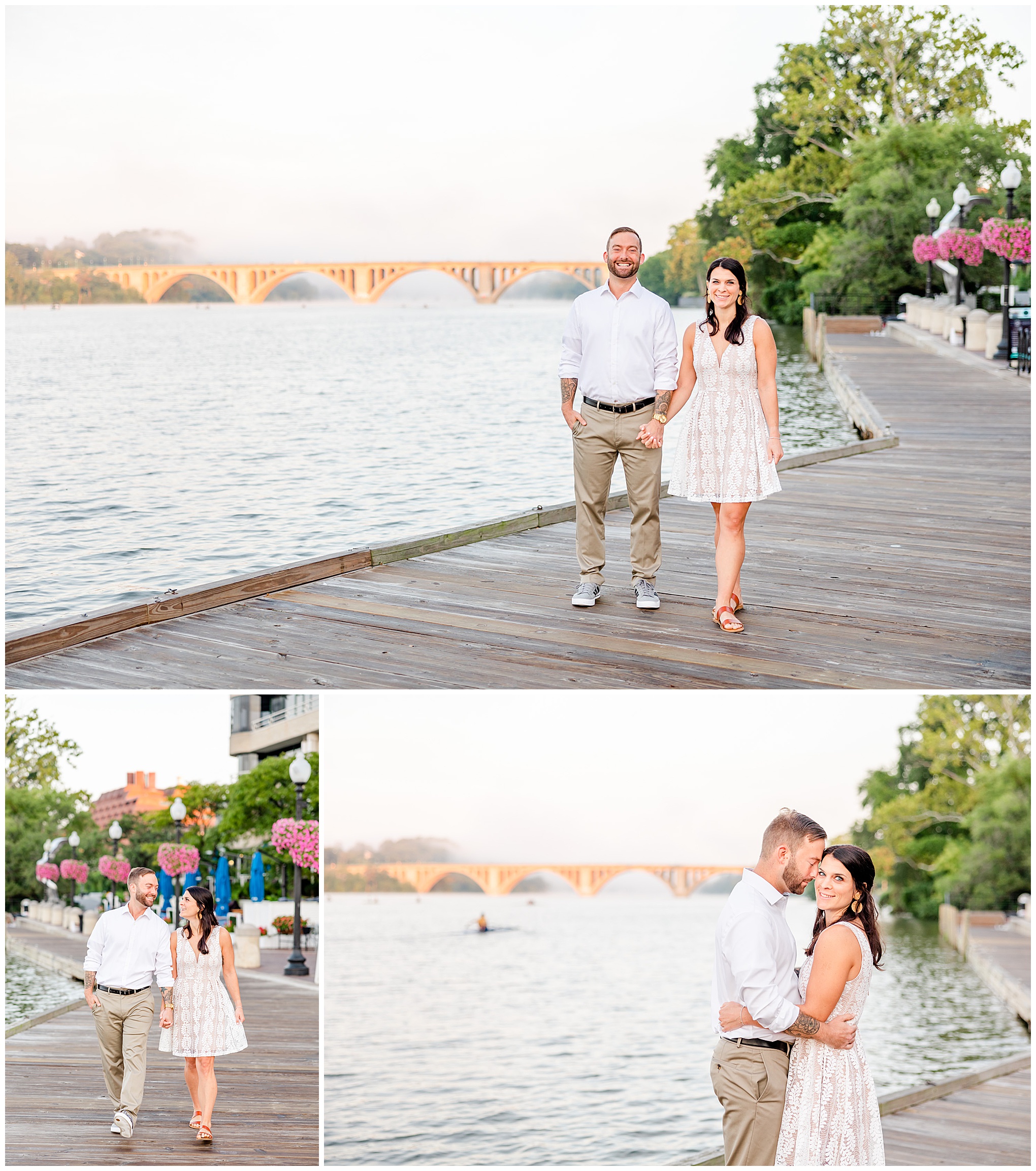 Georgetown waterfront engagement session, Georgetown engagement photos, Georgetown wedding photographer, DC wedding photographer, waterfront engagement photos, Georgetown waterfront engagement photos, DC engagement photos, Rachel E.H. Photography, summer engagement photos, couple on boardwalk, couple holding hands, couple looking at each other, couple in front of bridge