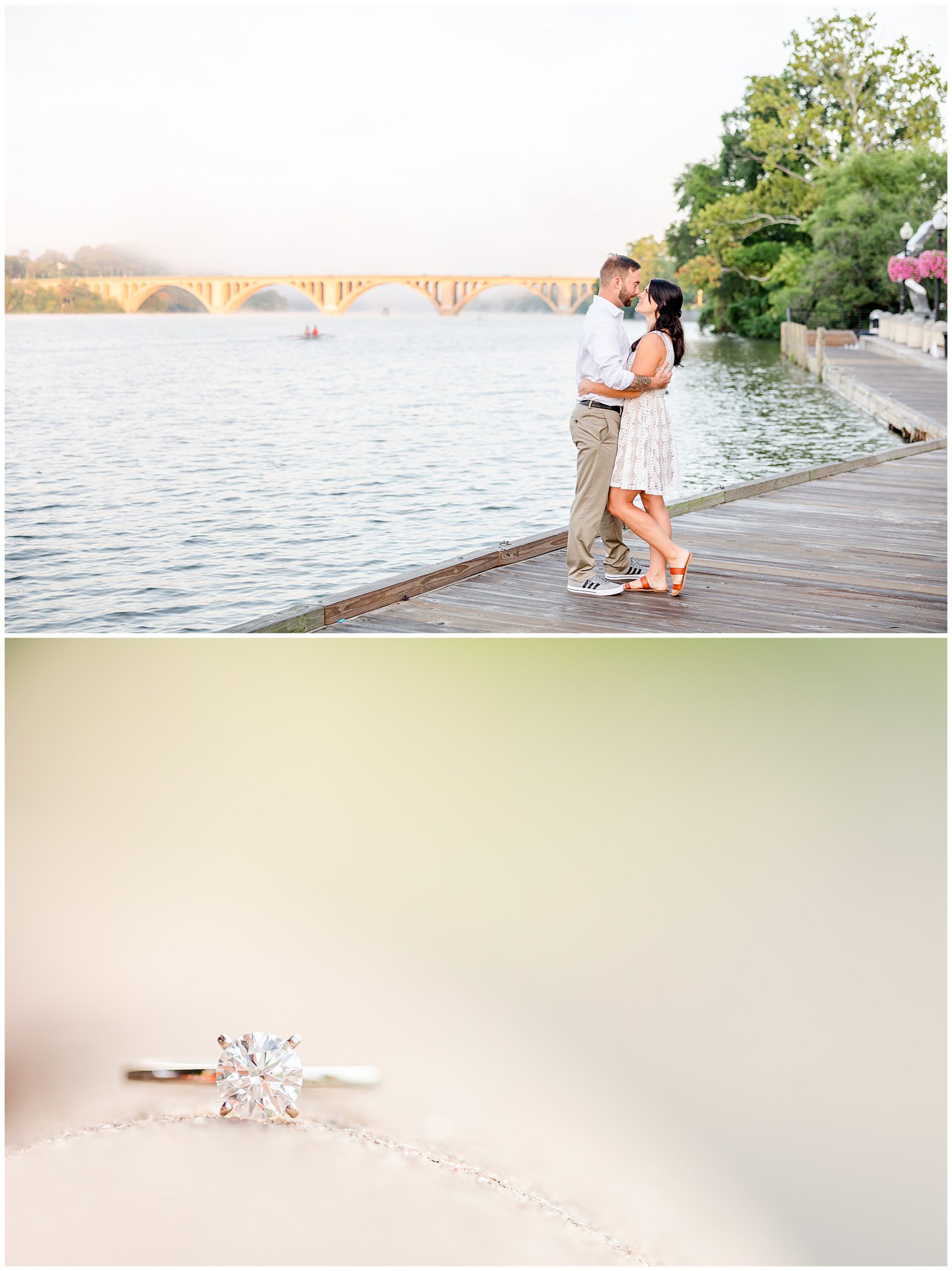 Georgetown waterfront engagement session, Georgetown engagement photos, Georgetown wedding photographer, DC wedding photographer, waterfront engagement photos, Georgetown waterfront engagement photos, DC engagement photos, Rachel E.H. Photography, summer engagement photos, silver engagement ring, couple almost kissing, couple on boardwalk