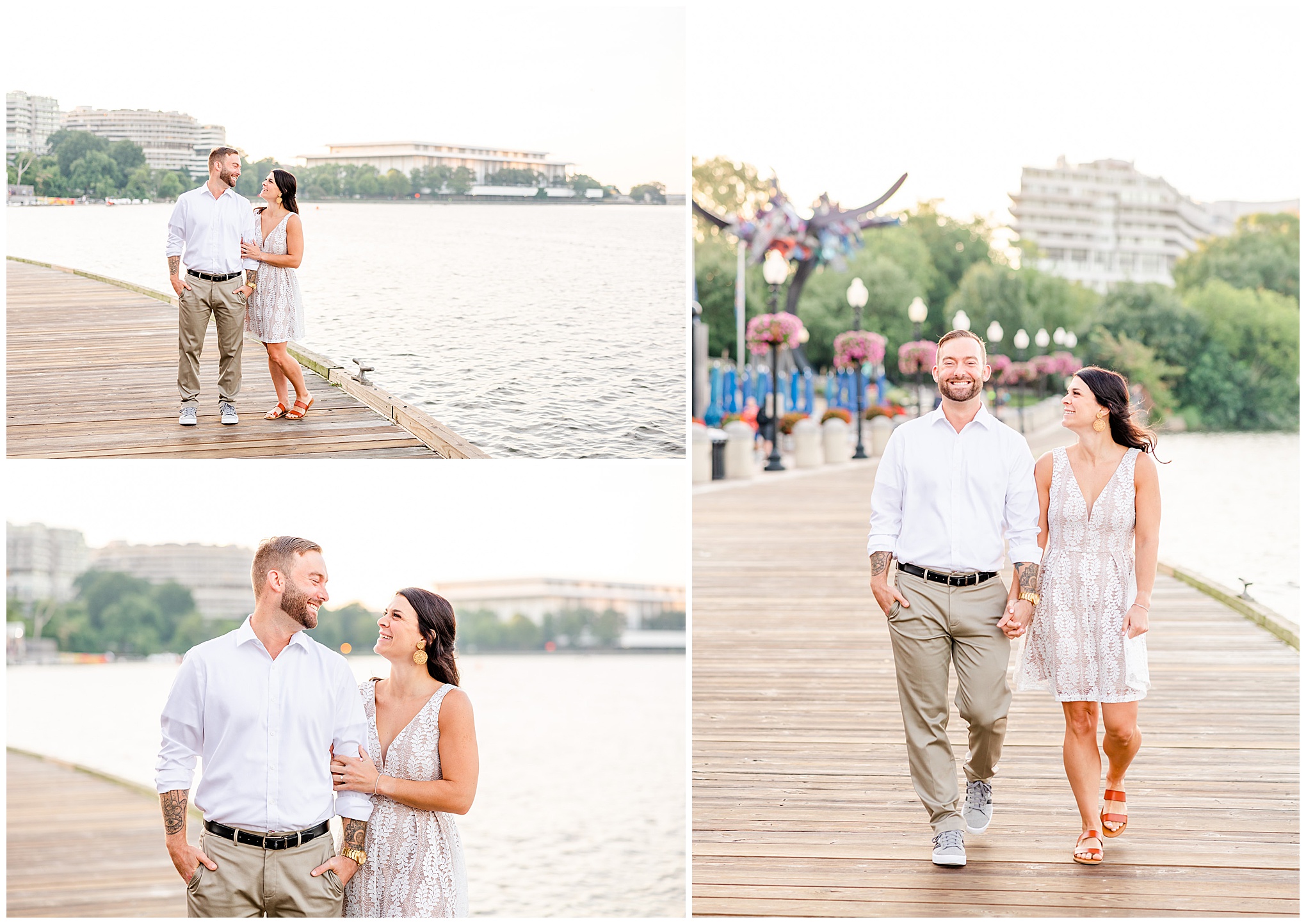 Georgetown waterfront engagement session, Georgetown engagement photos, Georgetown wedding photographer, DC wedding photographer, waterfront engagement photos, Georgetown waterfront engagement photos, DC engagement photos, Rachel E.H. Photography, summer engagement photos, couple holding hands, couple waling on boardwalk, woman in white dress