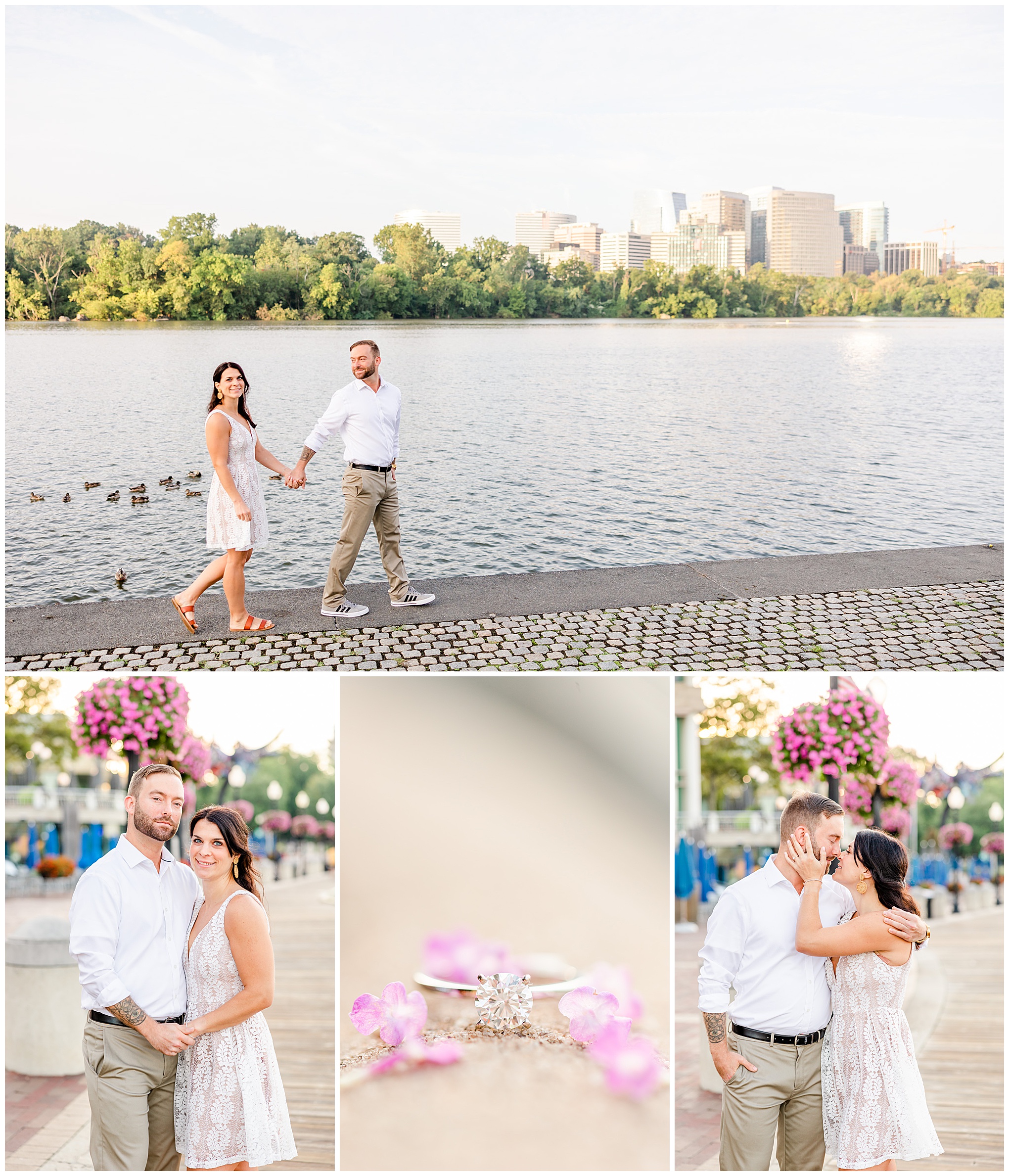 Georgetown waterfront engagement session, Georgetown engagement photos, Georgetown wedding photographer, DC wedding photographer, waterfront engagement photos, Georgetown waterfront engagement photos, DC engagement photos, Rachel E.H. Photography, summer engagement photos, couple holding hands from a distance, couple smiling, engagement ring surrounded by pink flowers