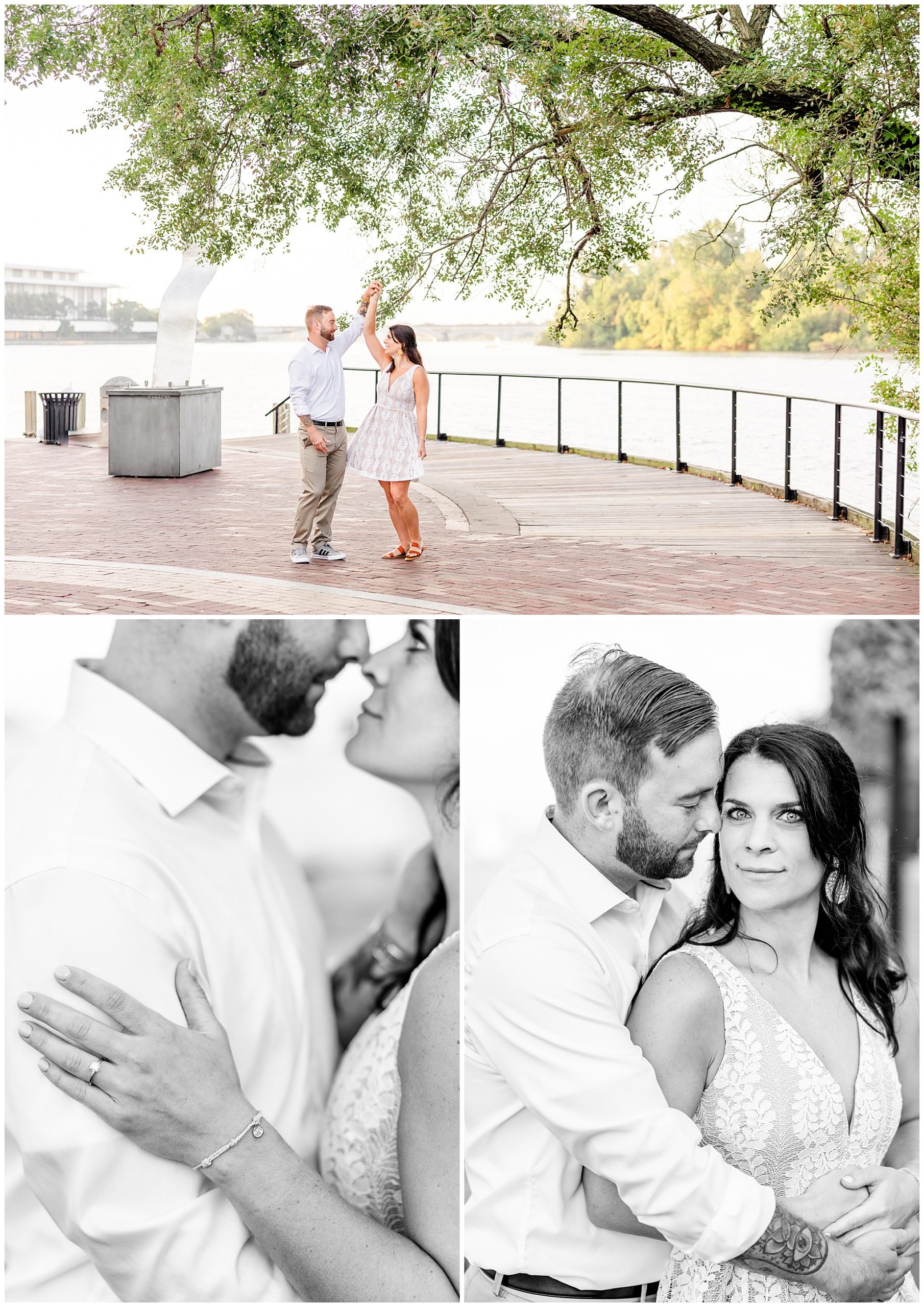 Georgetown waterfront engagement session, Georgetown engagement photos, Georgetown wedding photographer, DC wedding photographer, waterfront engagement photos, Georgetown waterfront engagement photos, DC engagement photos, Rachel E.H. Photography, summer engagement photos, black and white, woman wearing engagement ring, man twirling woman 