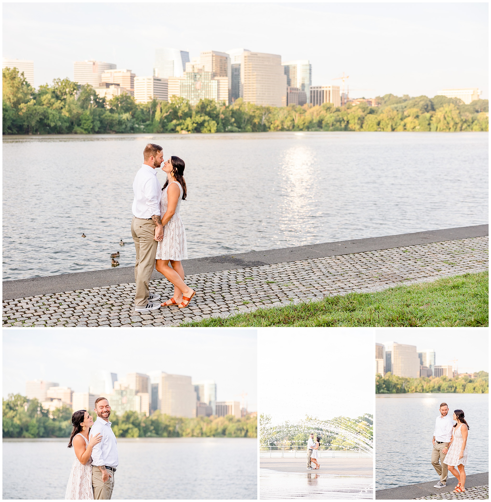 Georgetown waterfront engagement session, Georgetown engagement photos, Georgetown wedding photographer, DC wedding photographer, waterfront engagement photos, Georgetown waterfront engagement photos, DC engagement photos, Rachel E.H. Photography, summer engagement photos, couple in front of river, couple behind water fountain, woman hugging man from behind
