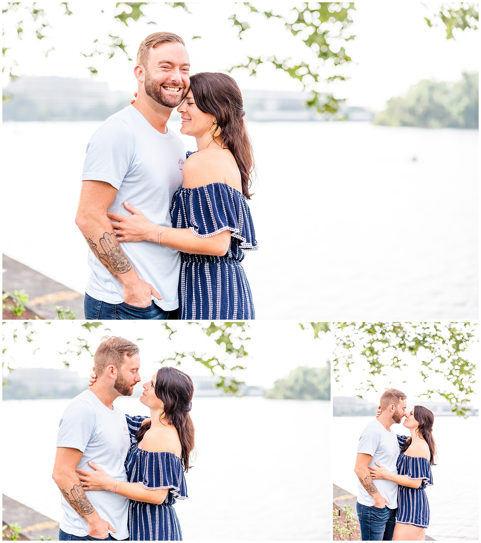 Georgetown waterfront engagement session, Georgetown engagement photos, Georgetown wedding photographer, DC wedding photographer, waterfront engagement photos, Georgetown waterfront engagement photos, DC engagement photos, Rachel E.H. Photography, summer engagement photos, couple almost kissing, woman in blue romper, woman with head on man's chin