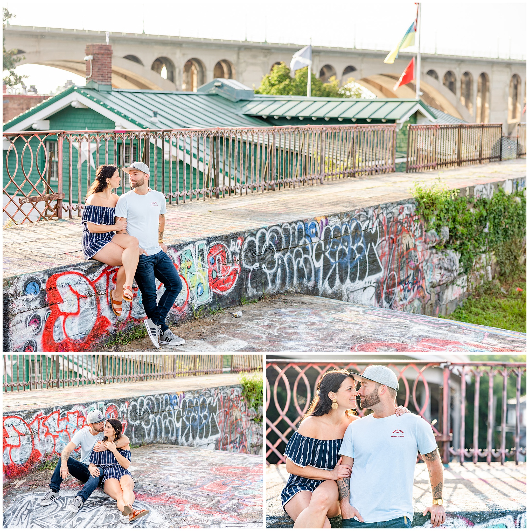 Georgetown waterfront engagement session, Georgetown engagement photos, Georgetown wedding photographer, DC wedding photographer, waterfront engagement photos, Georgetown waterfront engagement photos, DC engagement photos, Rachel E.H. Photography, summer engagement photos, couple sitting on graffitied wall, man with arm around woman, woman holding man's arm