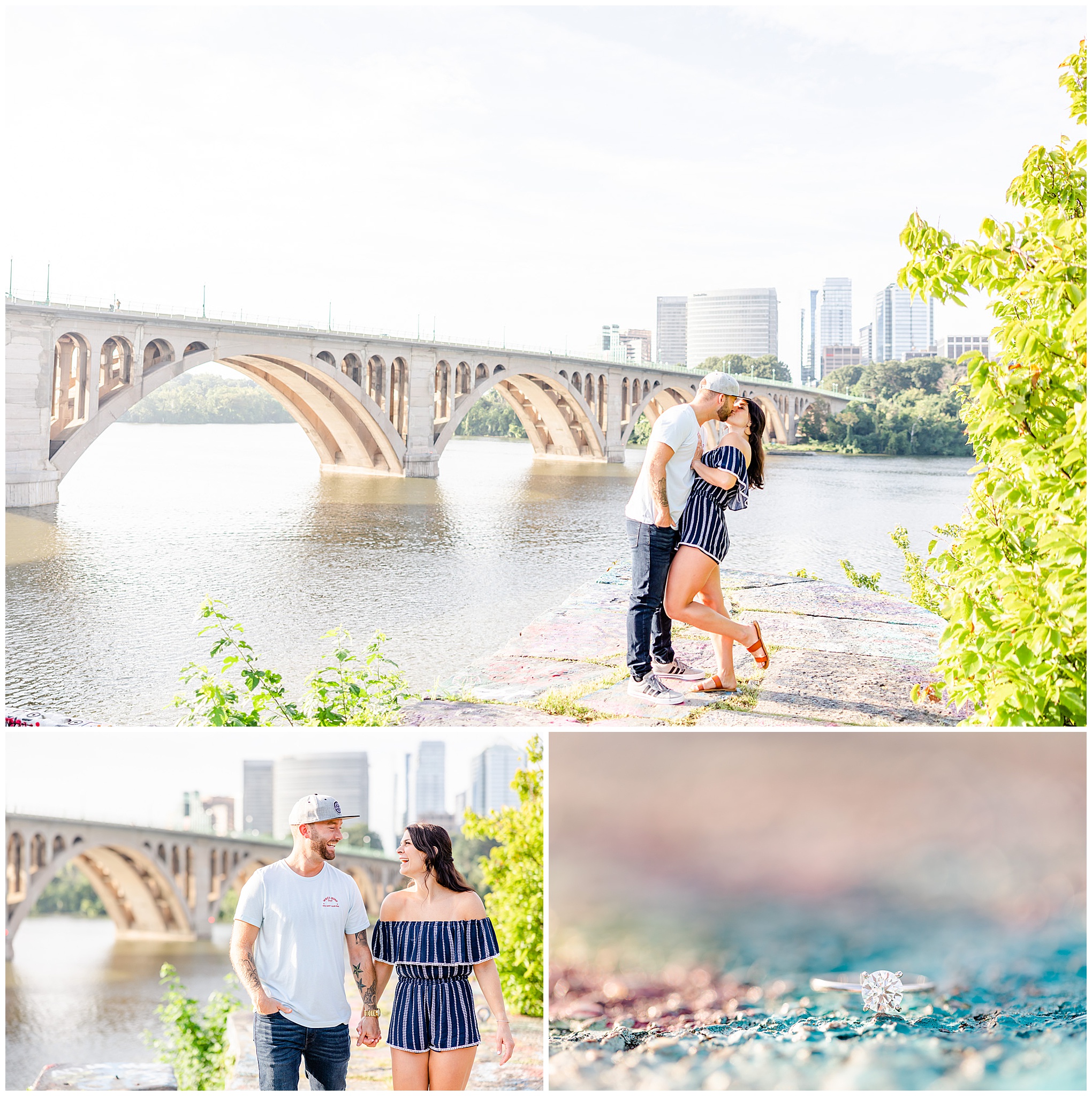 Georgetown waterfront engagement session, Georgetown engagement photos, Georgetown wedding photographer, DC wedding photographer, waterfront engagement photos, Georgetown waterfront engagement photos, DC engagement photos, Rachel E.H. Photography, summer engagement photos, couple kissing in front of bridge, engagement ring on graffiti 