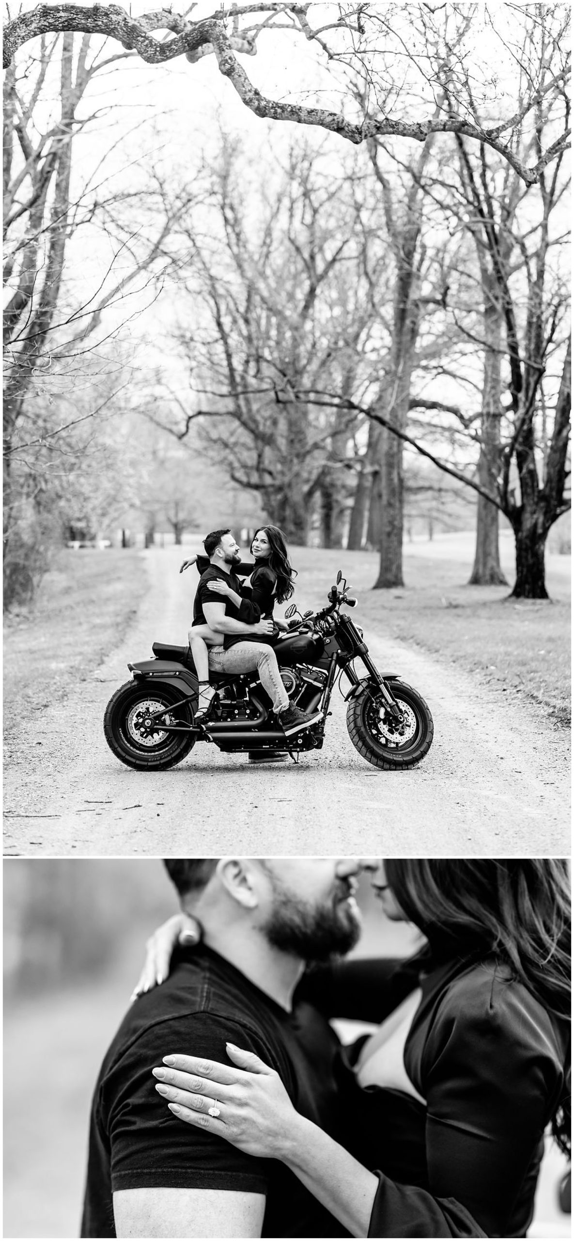 Oatlands Leesburg engagement photos, Leesburg wedding photographer, Leesburg photographer, Otlands engagement photos, DC engagement photographer, DC wedding photographer, spring engagement photos, sexy engagement photos, Rachel E.H. Photography, black and white, couple sitting on motorcycle, silver engagement ring