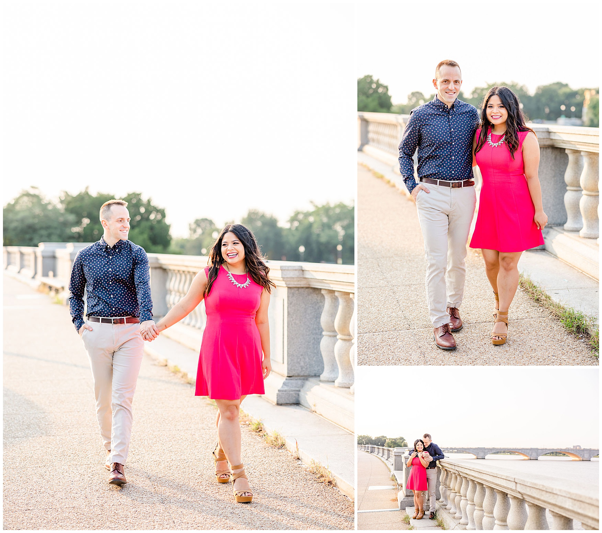 Potomac River walk engagement photos, Washington DC engagement photos, sunrise engagement photos, National Mall engagement photos, National mall portraits, DC portraits, Washington DC photographer, DC engagement photographer, Baltimore engagement photographer, Rachel E.H. Photography, pink dress, couple holding hands, couple walking, man with arm around woman 