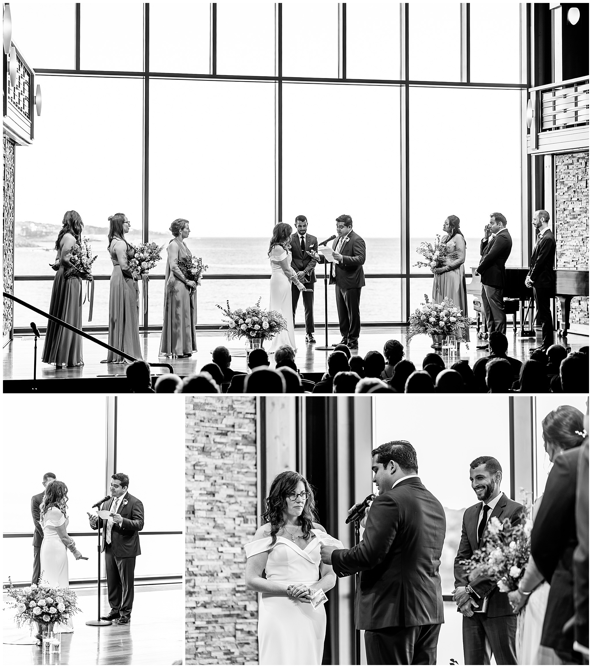 Shalin Liu Rockport wedding, waterfront wedding, Rockport MA wedding, Shalin Liu wedding, MA coastline wedding, MA seaport wedding, Rockport wedding photography, Rockport MA wedding, seaside wedding, DC wedding photographer, Rachel E.H. Photography, autumn wedding, Nicole Malone, black and white, groom reading vows, alter in front of huge window, Officiant Zuhair Nasher from Words That Last