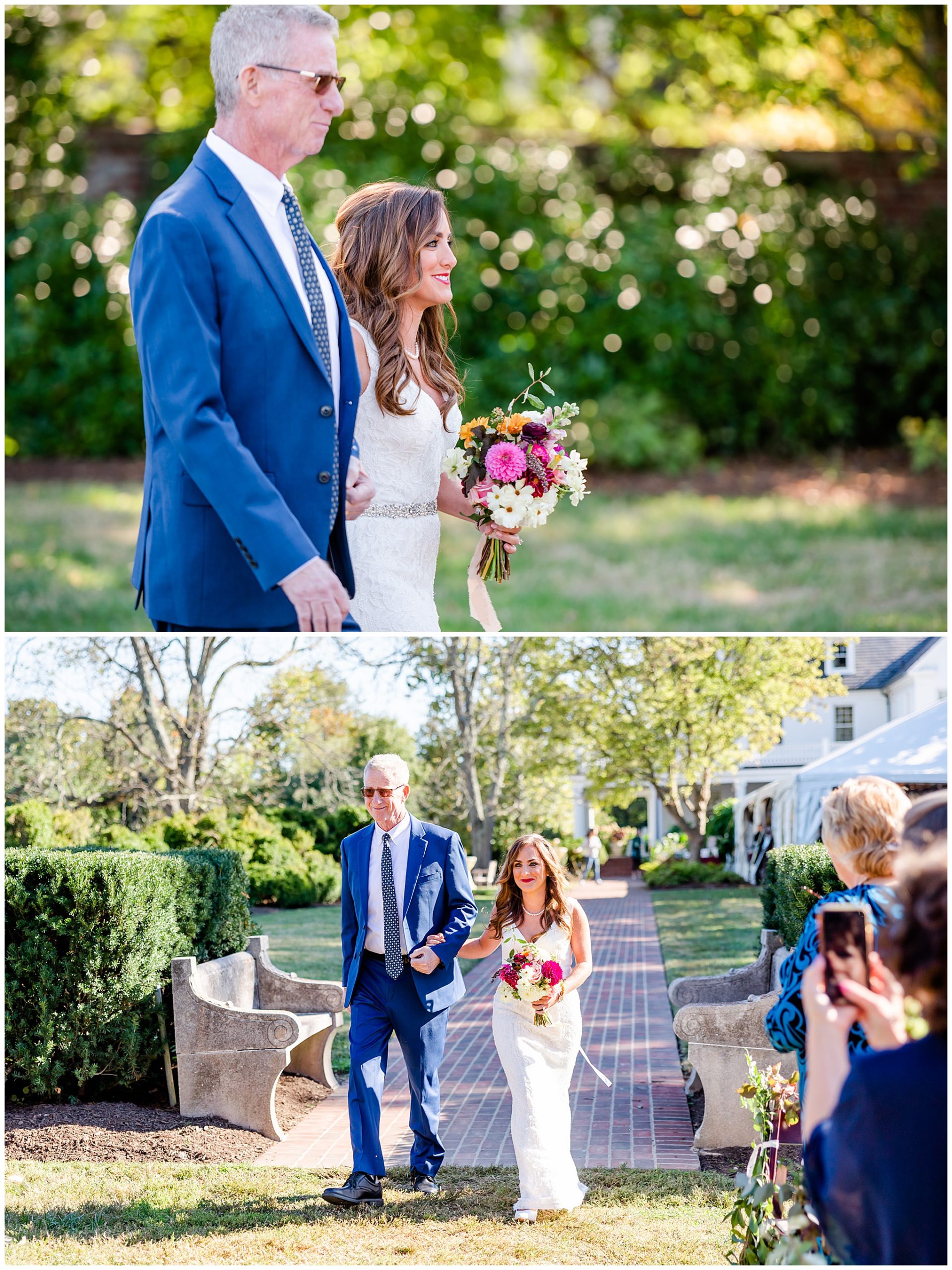 early autumn River Farm wedding, Alexandria Virginia wedding, Alexandria wedding venues, Alexandria Virginia photographer, Alexandria wedding photographer, DC wedding photographer, DC wedding venues, DC wedding photography, waterfront wedding venue, DC autumn wedding, DC natural light wedding photographer, DC natural light wedding photographer, Rachel E.H. Photography, father walking daughter down aisle, man in blue suit, father with sunglasses