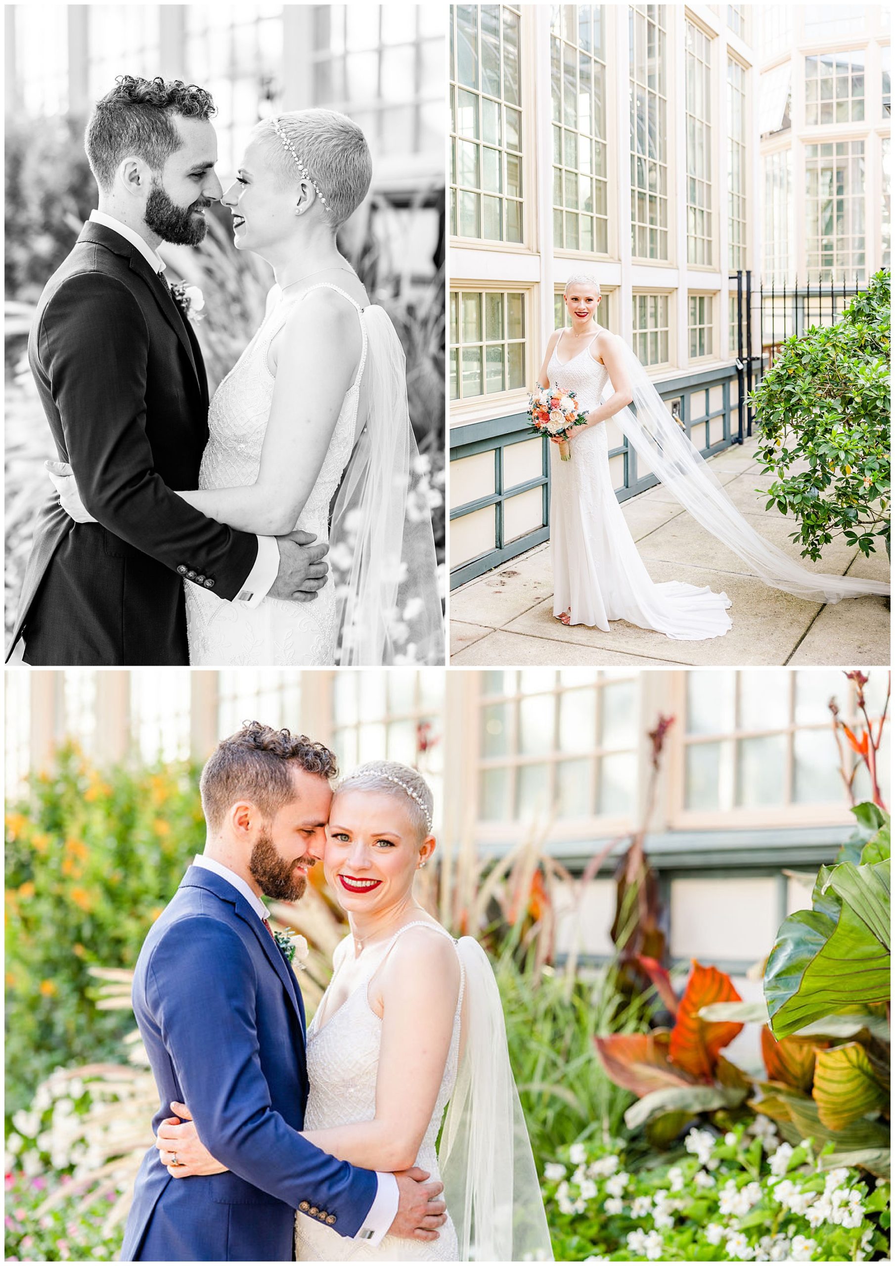 ethereal Rawlings Conservatory wedding, Baltimore wedding venues, Baltimore wedding photographer, Baltimore micro-wedding, Baltimore wedding photography, autumn wedding aesthetic, botanical gardens wedding, Baltimore botanical garden wedding, DC wedding photographer, Rachel E.H. Photography, black and white, couple almost kissing, bride with orange and pink bouquet