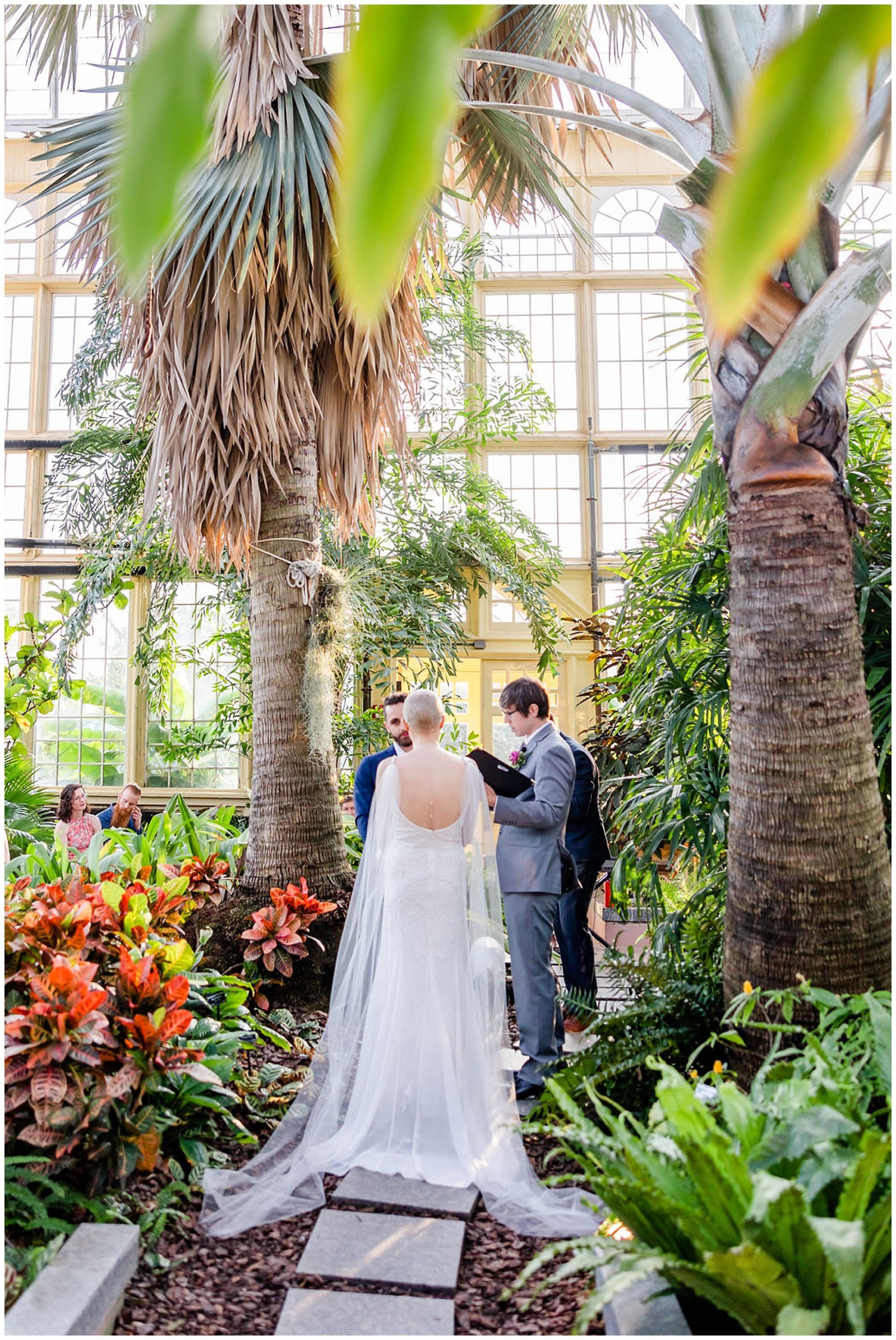 ethereal Rawlings Conservatory wedding, Baltimore wedding venues, Baltimore wedding photographer, Baltimore micro-wedding, Baltimore wedding photography, autumn wedding aesthetic, botanical gardens wedding, Baltimore botanical garden wedding, DC wedding photographer, Rachel E.H. Photography, couple at alter, alter under palm trees