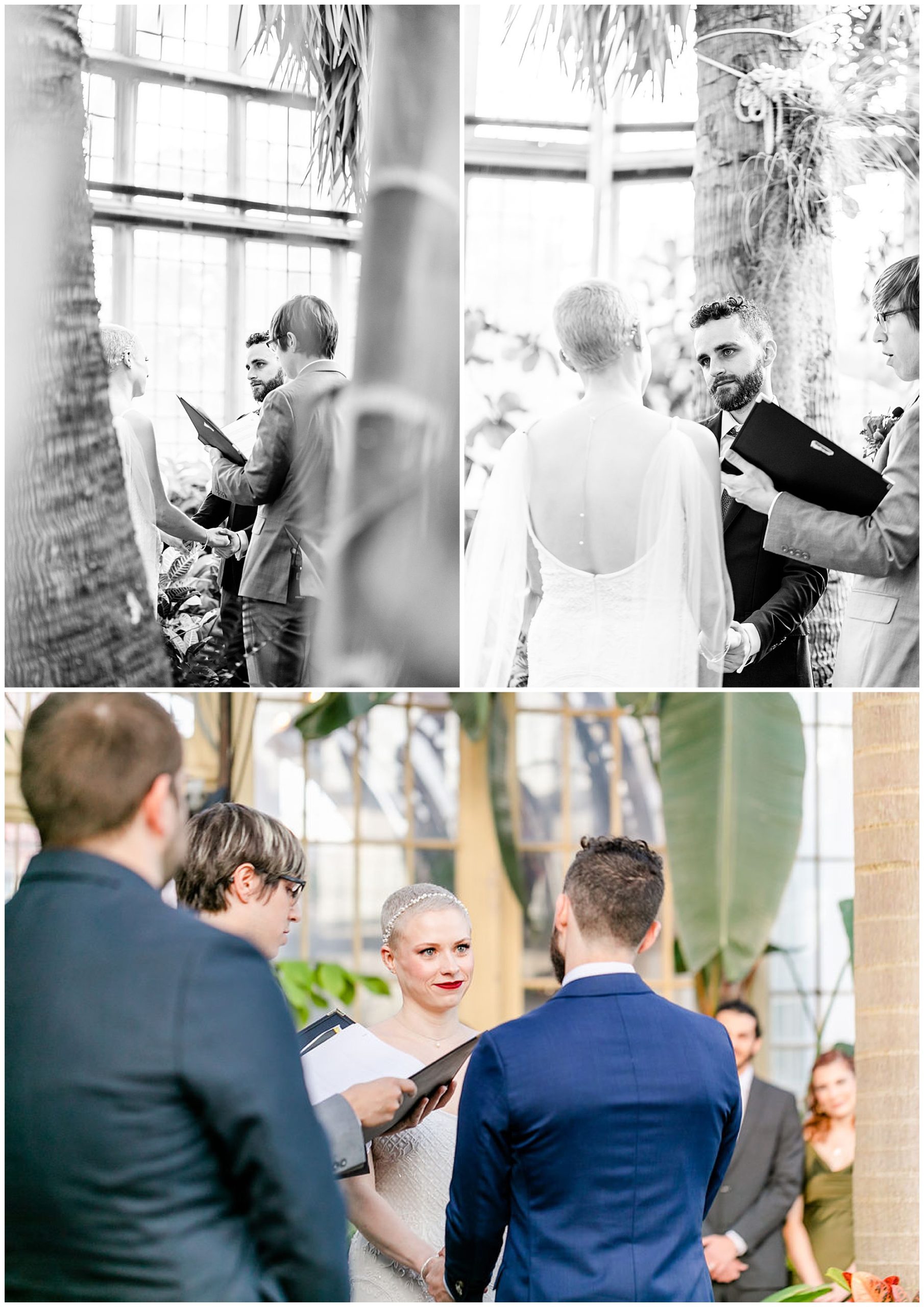 ethereal Rawlings Conservatory wedding, Baltimore wedding venues, Baltimore wedding photographer, Baltimore micro-wedding, Baltimore wedding photography, autumn wedding aesthetic, botanical gardens wedding, Baltimore botanical garden wedding, DC wedding photographer, Rachel E.H. Photography, black and white, couple at alter, dog at alter, couple smiling at each other, Carolyn Thombs hair and makeup