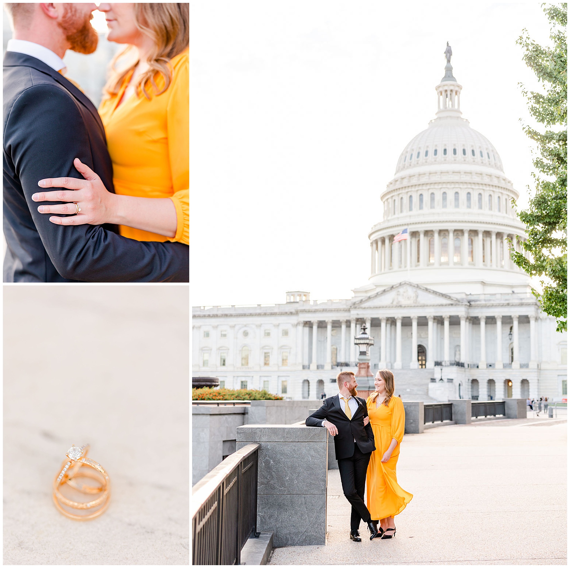 glowing Capitol Hill elopement portraits, Capitol Hill Washington DC, DC elopement portraits, DC elopement photographer, DC wedding photographer, DC portrait photographer, DC photographer, Capitol Hill portraits, autumn portraits, Capitol Hill photographer, Rachel E.H. Photography, rose gold wedding rings, womans hand on mans arm, closeup of wedding ring, couple smiling at each other, man leaning on stone