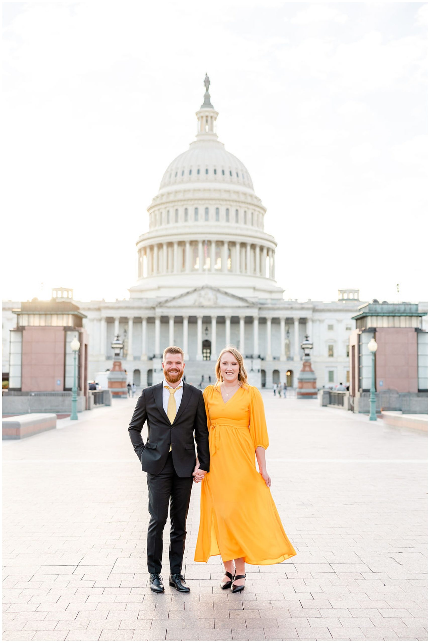 glowing Capitol Hill elopement portraits, Capitol Hill Washington DC, DC elopement portraits, DC elopement photographer, DC wedding photographer, DC portrait photographer, DC photographer, Capitol Hill portraits, autumn portraits, Capitol Hill photographer, Rachel E.H. Photography, couple smiling in front of capitol, yellow flowy dress