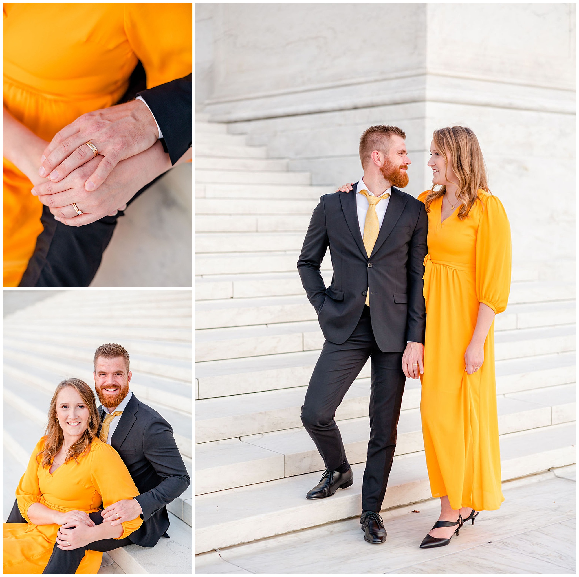 glowing Capitol Hill elopement portraits, Capitol Hill Washington DC, DC elopement portraits, DC elopement photographer, DC wedding photographer, DC portrait photographer, DC photographer, Capitol Hill portraits, autumn portraits, Capitol Hill photographer, Rachel E.H. Photography, close up of hands with wedding rings, couple sitting on marble steps