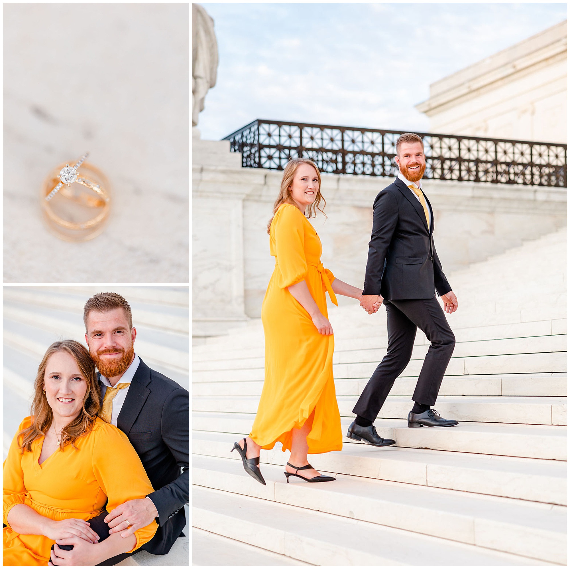 glowing Capitol Hill elopement portraits, Capitol Hill Washington DC, DC elopement portraits, DC elopement photographer, DC wedding photographer, DC portrait photographer, DC photographer, Capitol Hill portraits, autumn portraits, Capitol Hill photographer, Rachel E.H. Photography, couple walking up marble steps, rose gold wedding rings