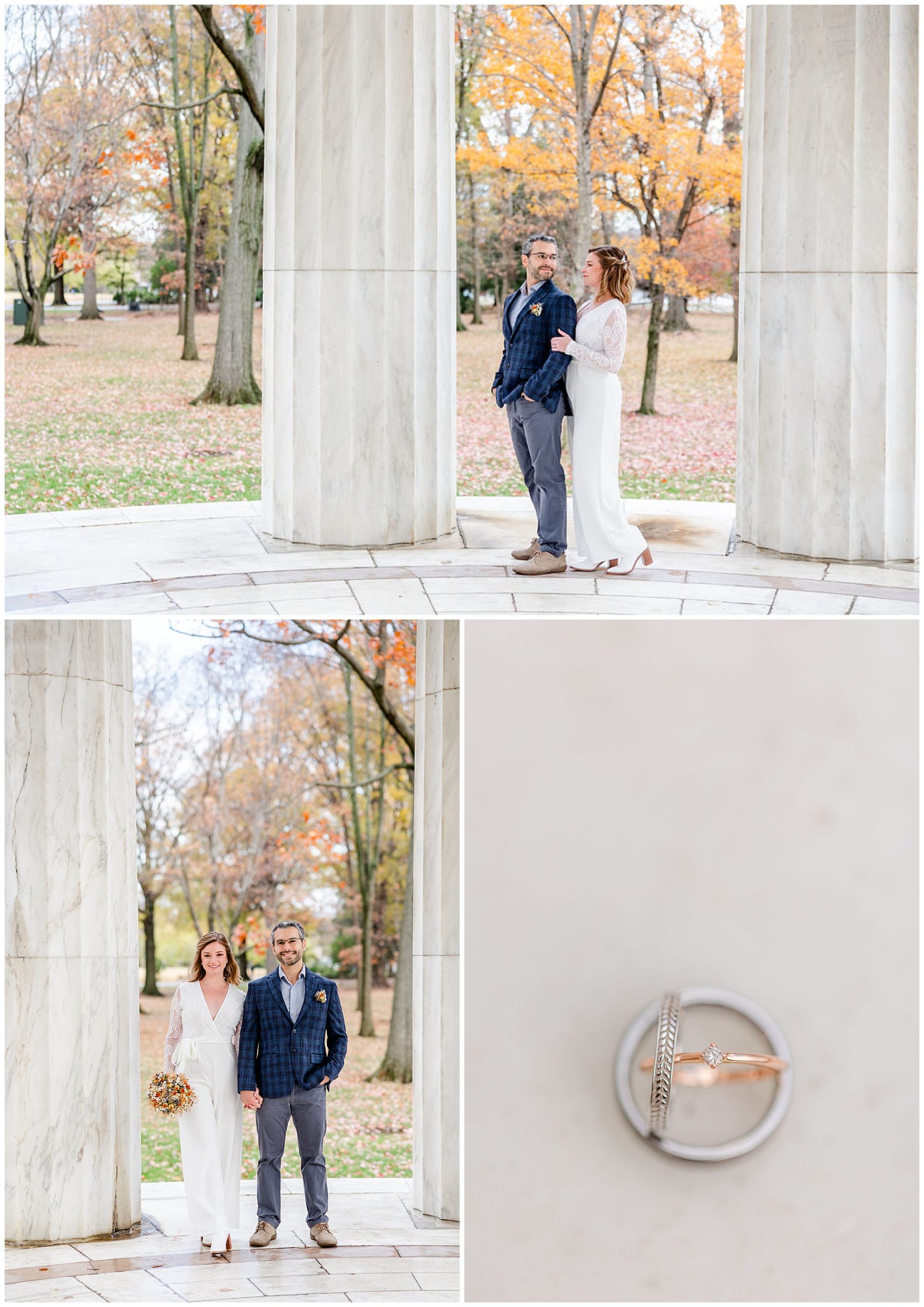 FDR Memorial elopement, DC War Memorial elopement, DC War Memorial photos, DC War Memorial wedding, DC portraits, tidal basin portraits, DC wedding photography, DC elopement photographer, cold weather elopement, Rachel E.H. Photography, woman standing behind man, rings stacked in sphere, couple holding hands, couple in between marble pillars, hair and makeup by Carla Pressley Hair and Makeup