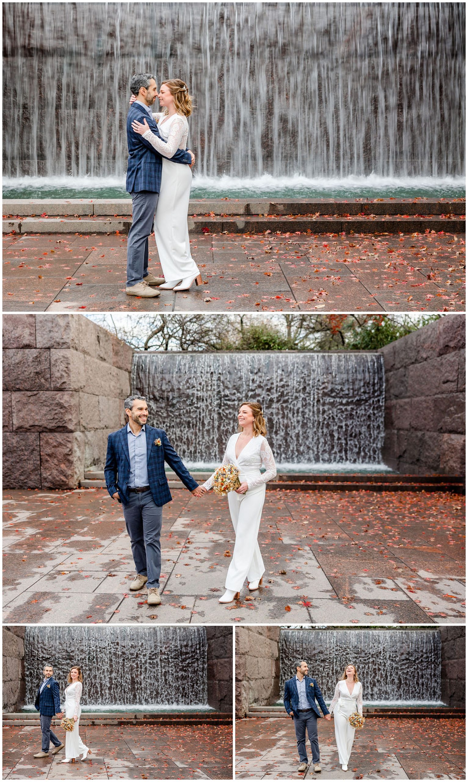 FDR Memorial elopement, DC War Memorial elopement, DC War Memorial photos, DC War Memorial wedding, DC portraits, tidal basin portraits, DC wedding photography, DC elopement photographer, cold weather elopement, Rachel E.H. Photography, couple holding hands from distance, couple laughing, couple hugging, womans hand on back of mans neck, white wedding jumpsuit
