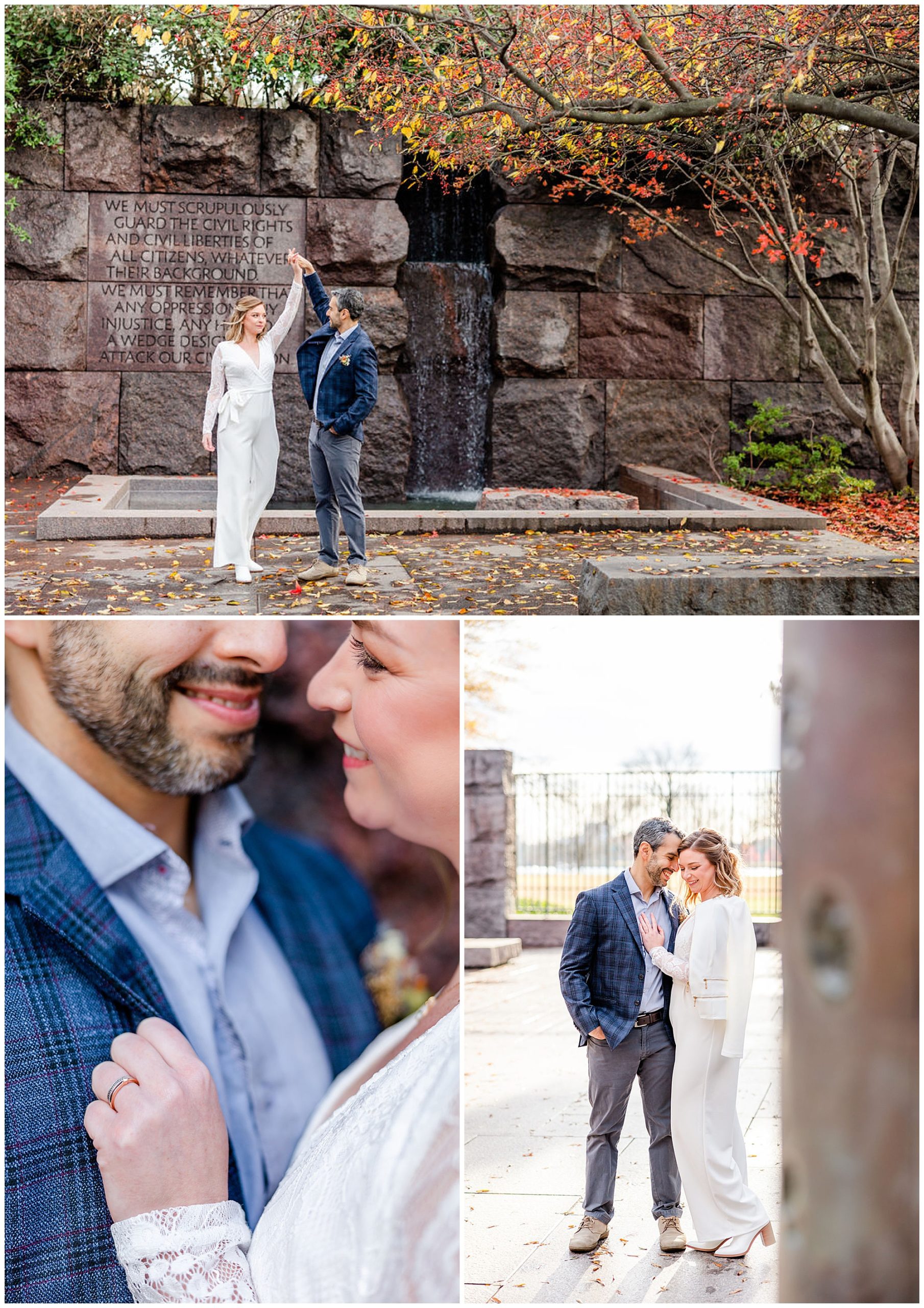 FDR Memorial elopement, DC War Memorial elopement, DC War Memorial photos, DC War Memorial wedding, DC portraits, tidal basin portraits, DC wedding photography, DC elopement photographer, cold weather elopement, Rachel E.H. Photography, man twirling woman, couple dancing in front of waterfall, womans hand holding mans collar, man resting head on wife, hair and makeup by Carla Pressley Hair and Makeup