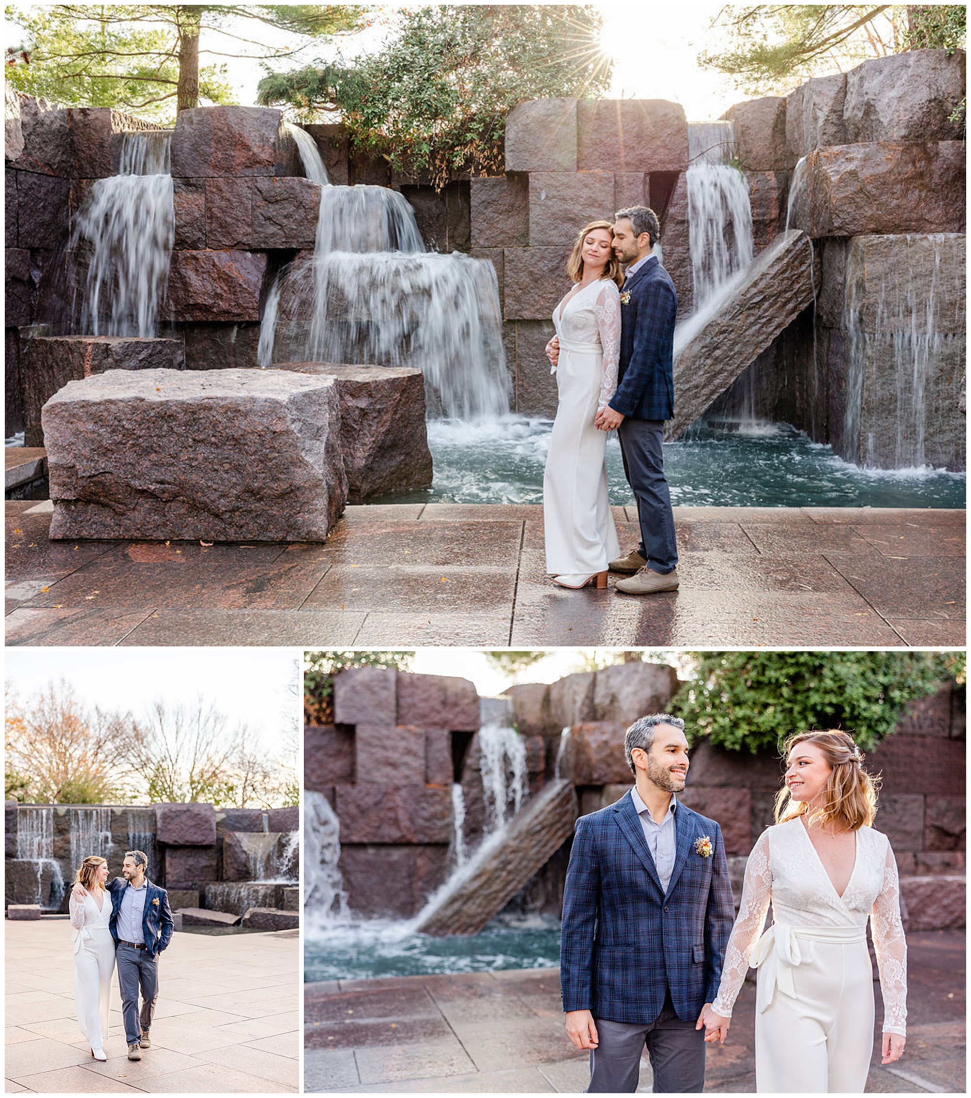 FDR Memorial elopement, DC War Memorial elopement, DC War Memorial photos, DC War Memorial wedding, DC portraits, tidal basin portraits, DC wedding photography, DC elopement photographer, cold weather elopement, Rachel E.H. Photography, man standing behind woman, couple in front of waterfall, couple walking and laughing, navy plaid suit