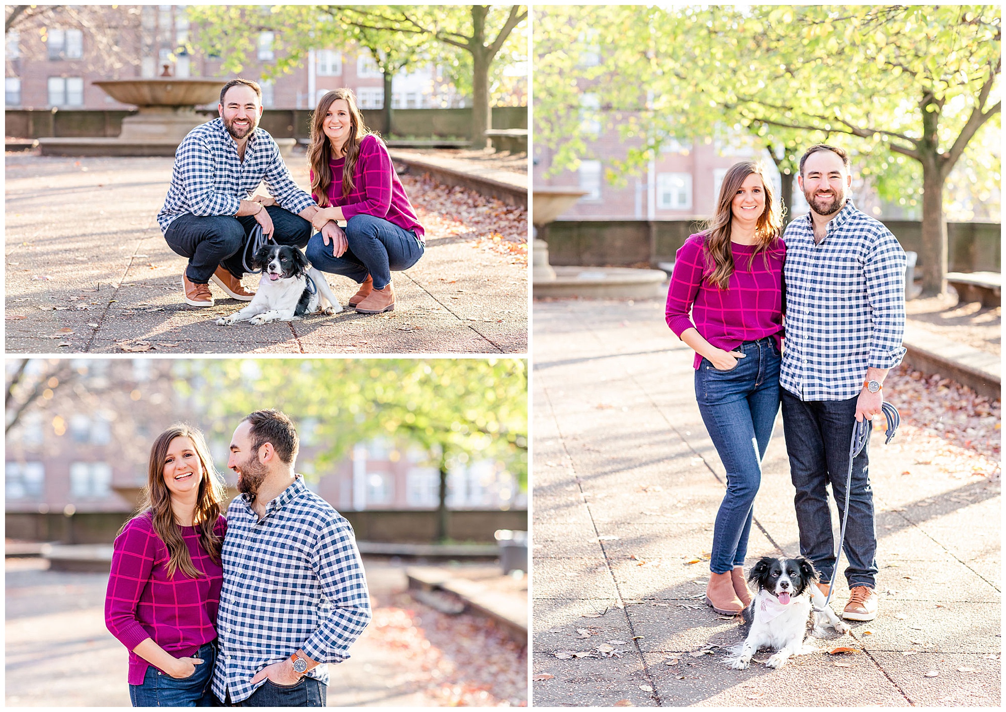 Meridian Hill Park engagement session, Meridian Hill Park DC, DC engagement photography, DC engagement photos, DC engagement session, DC engagement photographer, DC proposal photographer, DC wedding photographer, autumn engagement photos, Rachel E.H. Photography, couple crouching down to pet dog, couple smiling, dog at couples feet