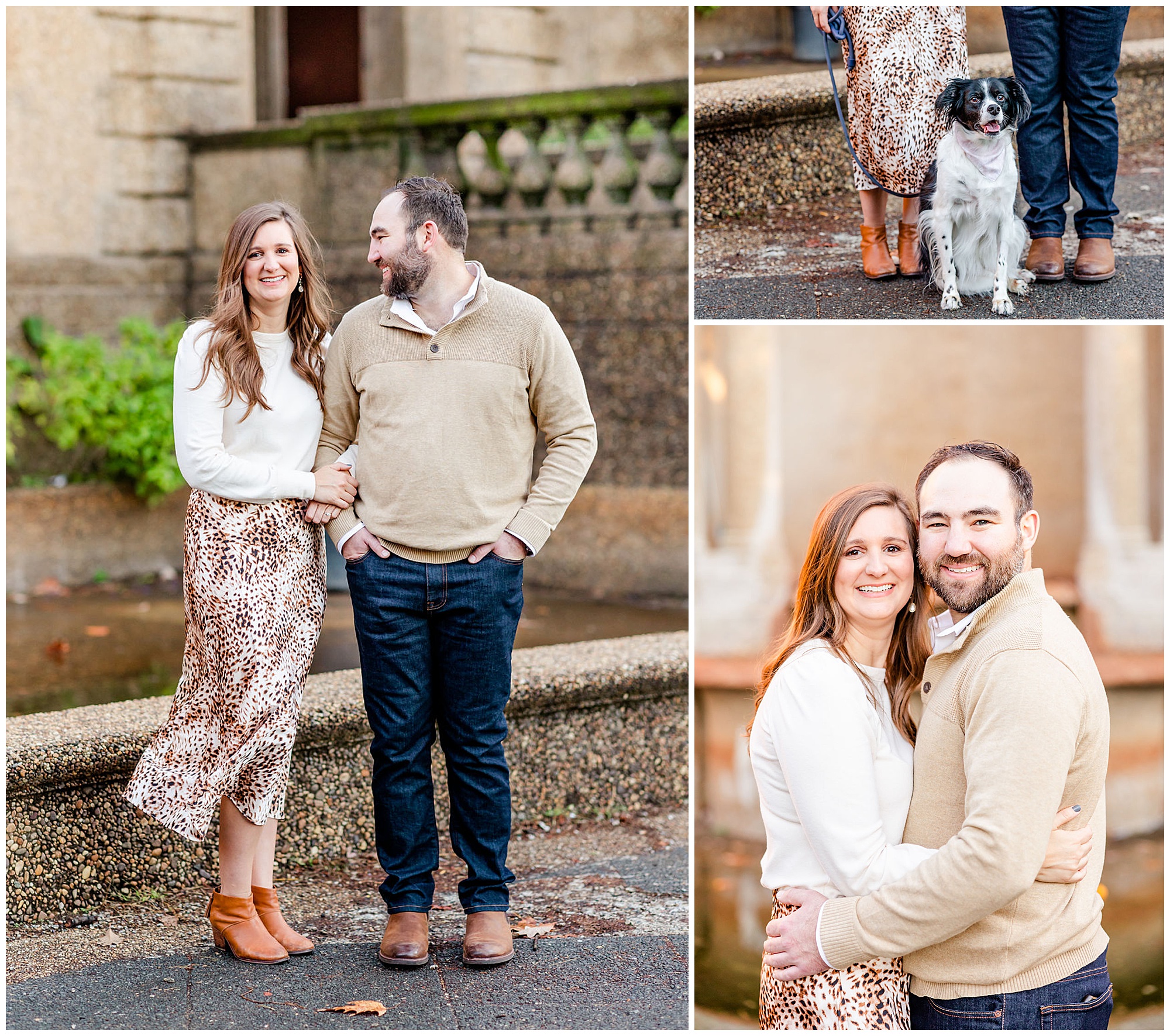 Meridian Hill Park engagement session, Meridian Hill Park DC, DC engagement photography, DC engagement photos, DC engagement session, DC engagement photographer, DC proposal photographer, DC wedding photographer, autumn engagement photos, Rachel E.H. Photography, couple linking arms, dog sitting at feet, maxi cheetah print skirt, couple smiling