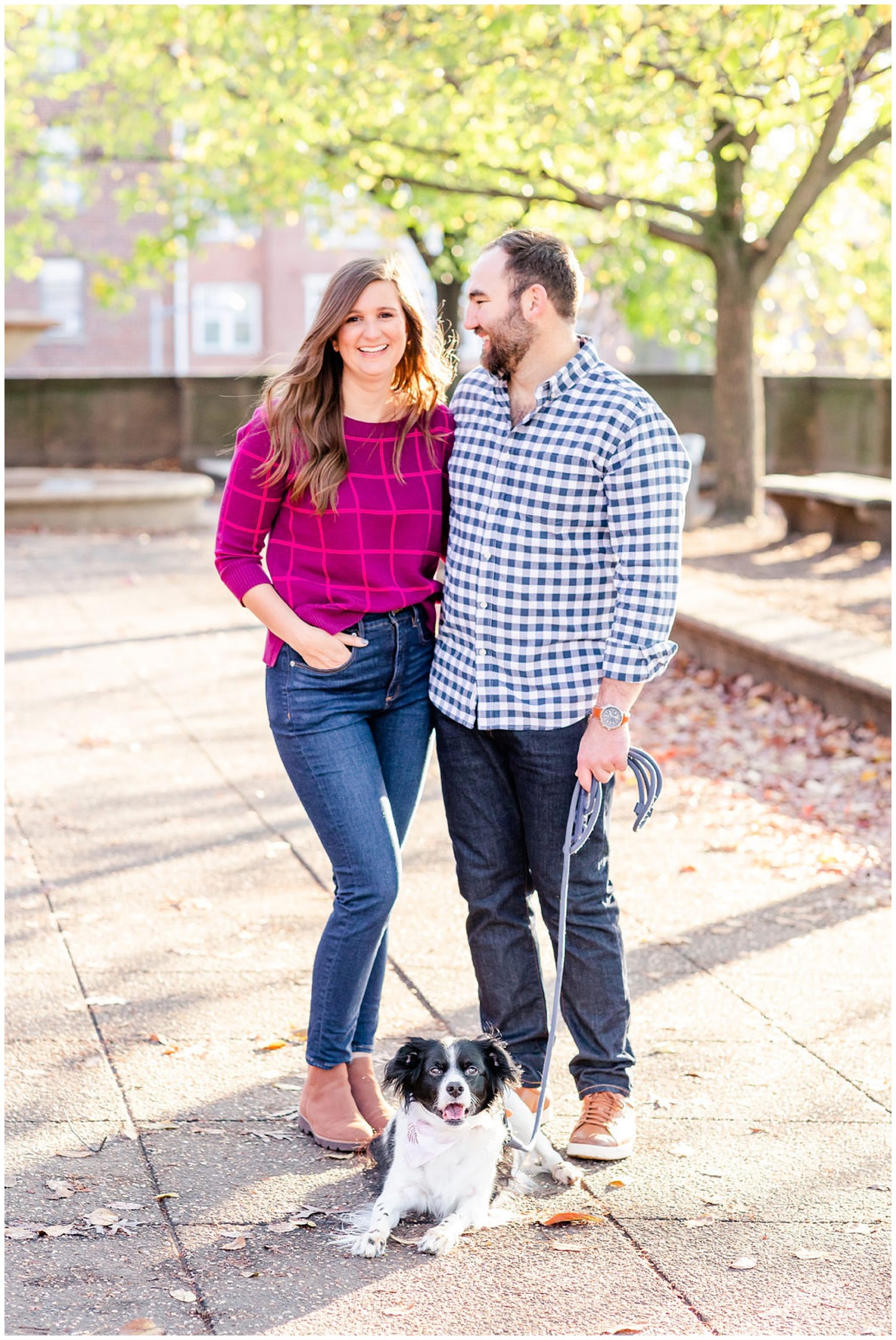 Meridian Hill Park engagement session, Meridian Hill Park DC, DC engagement photography, DC engagement photos, DC engagement session, DC engagement photographer, DC proposal photographer, DC wedding photographer, autumn engagement photos, Rachel E.H. Photography, couple smiling with dog at feet, dog laying on feet