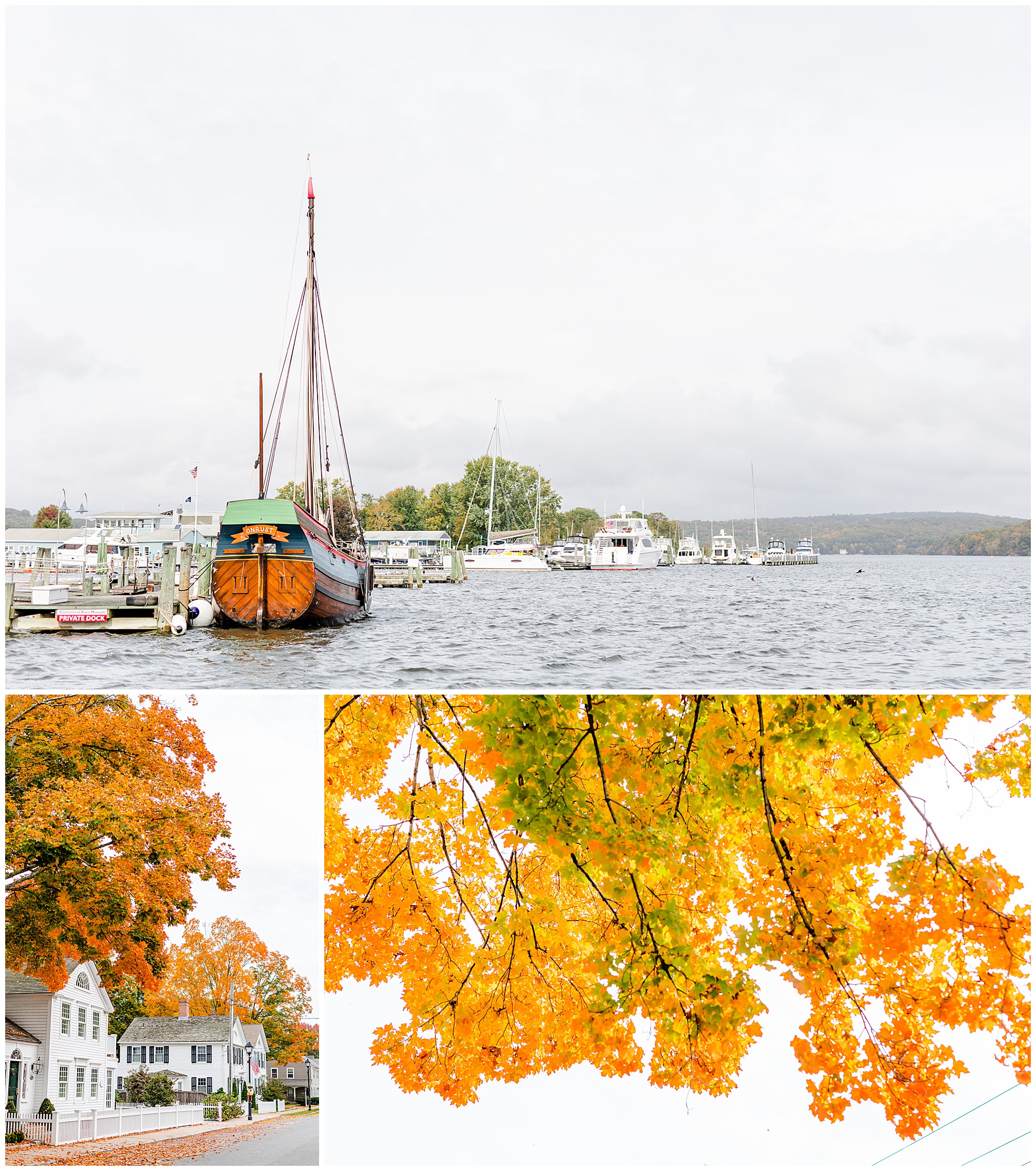 New England autumn prints, print shop, autumn photos, autumn prints, New England prints, Connecticut photos, Massachussetts photos, Rockport MA, Essex CT, the Headlands, waterfront prints, ocean prints, coastal New England prints, coastal prints, Rachel E.H. Photography Print Shop, landscape photography, orange and green gradient leaves, colorful boat, boat in harbor, white houses on street
