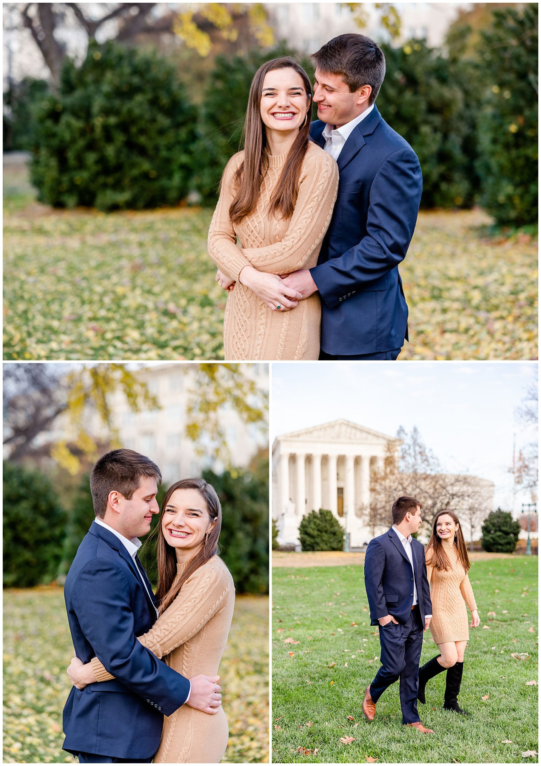 autumn Capitol Hill engagement session, Capitol Hill engagement photos, Capitol Hill photographer, DC engagement photography, DC engagement photographer, DC wedding photography, autumn engagement photos, casual engagement photos, Rachel E.H. Photography, sweater dress, man hugging woman from behind, man touching nose to womans cheek, couple holding hands