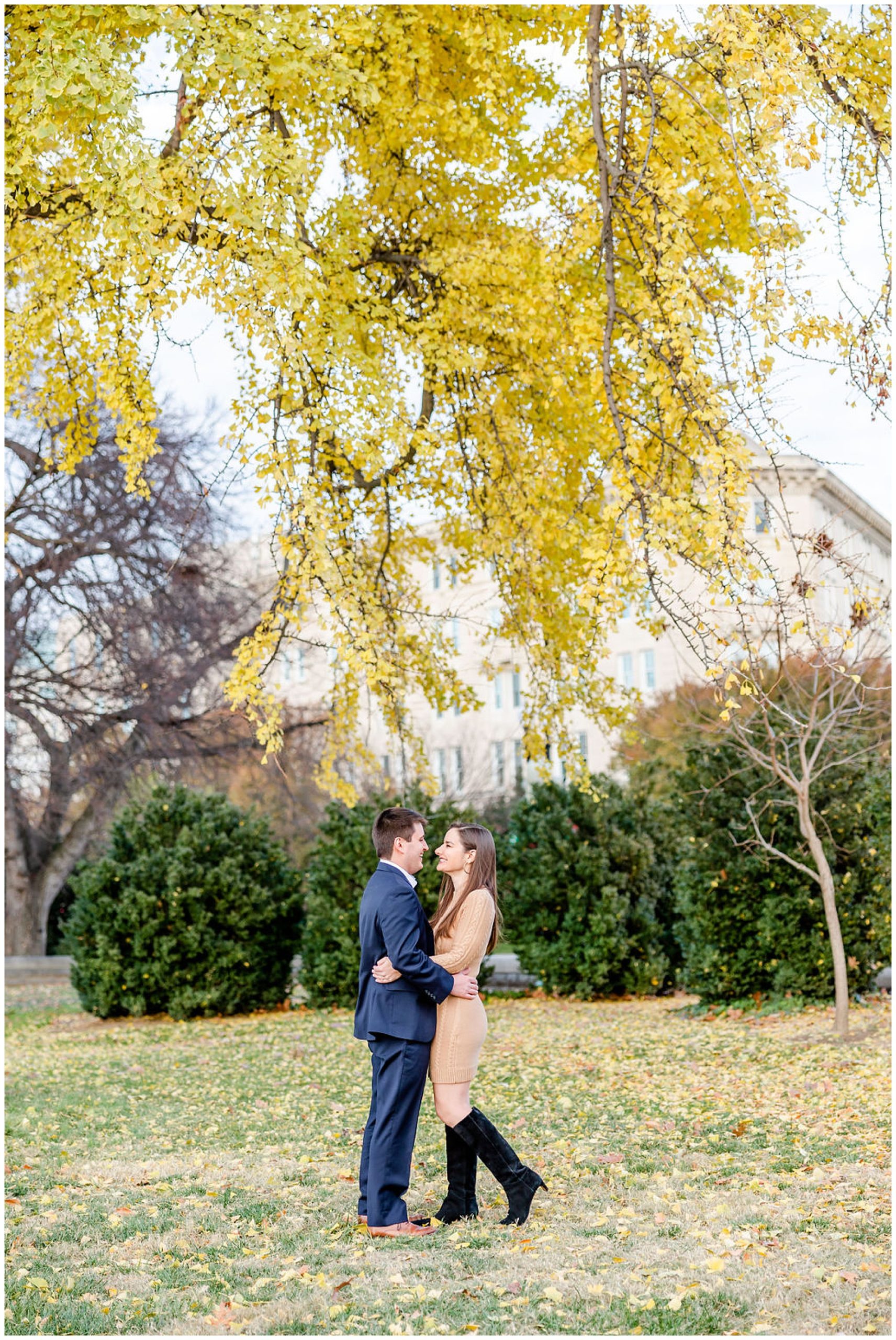 autumn Capitol Hill engagement session, Capitol Hill engagement photos, Capitol Hill photographer, DC engagement photography, DC engagement photographer, DC wedding photography, autumn engagement photos, casual engagement photos, Rachel E.H. Photography, couple hugging, couple hugging under tree, tree with small yellow leaves