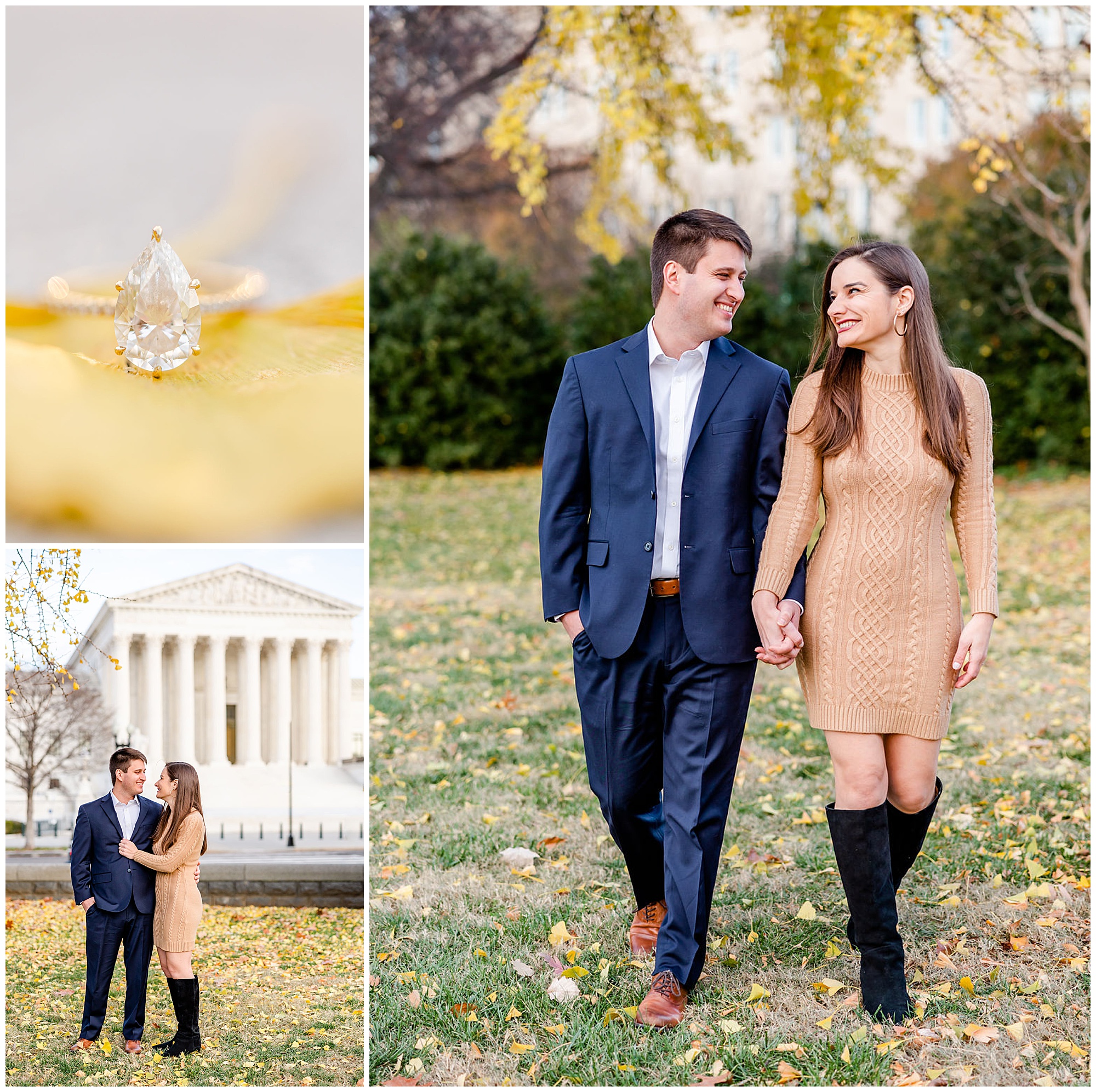 autumn Capitol Hill engagement session, Capitol Hill engagement photos, Capitol Hill photographer, DC engagement photography, DC engagement photographer, DC wedding photography, autumn engagement photos, casual engagement photos, Rachel E.H. Photography, couple holding hands, couple hugging, gold engagement ring on leaf