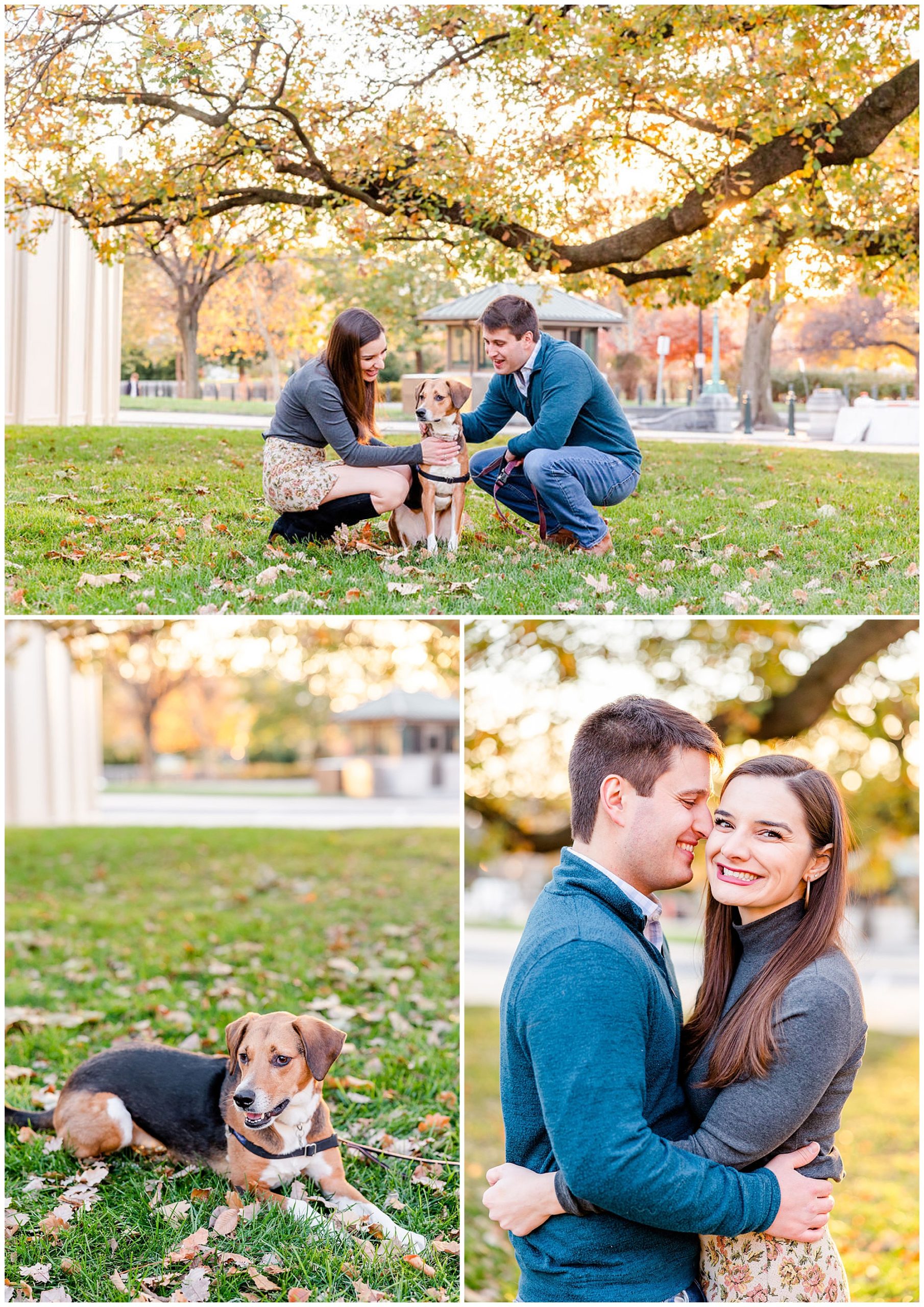 autumn Capitol Hill engagement session, Capitol Hill engagement photos, Capitol Hill photographer, DC engagement photography, DC engagement photographer, DC wedding photography, autumn engagement photos, casual engagement photos, Rachel E.H. Photography, couple petting dog, dog laying in grass, man touching nose to womans cheek