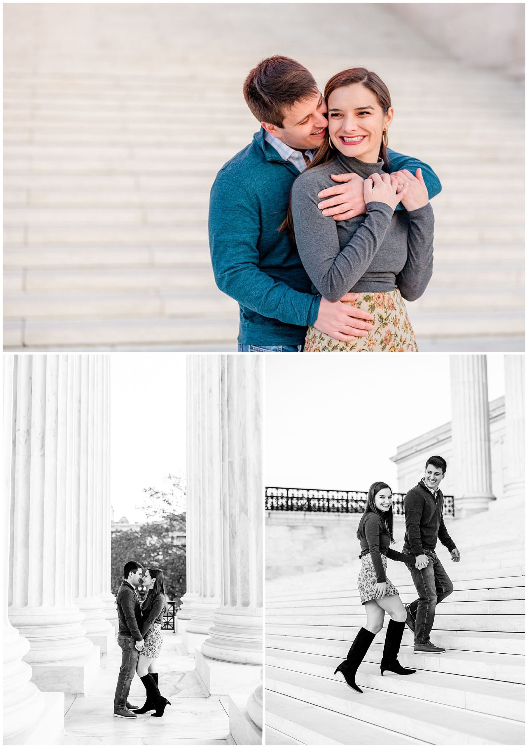 autumn Capitol Hill engagement session, Capitol Hill engagement photos, Capitol Hill photographer, DC engagement photography, DC engagement photographer, DC wedding photography, autumn engagement photos, casual engagement photos, Rachel E.H. Photography, man hugging woman from behind, couple walking up stairs, black and white, couple almost kissing, couple between marble pillars