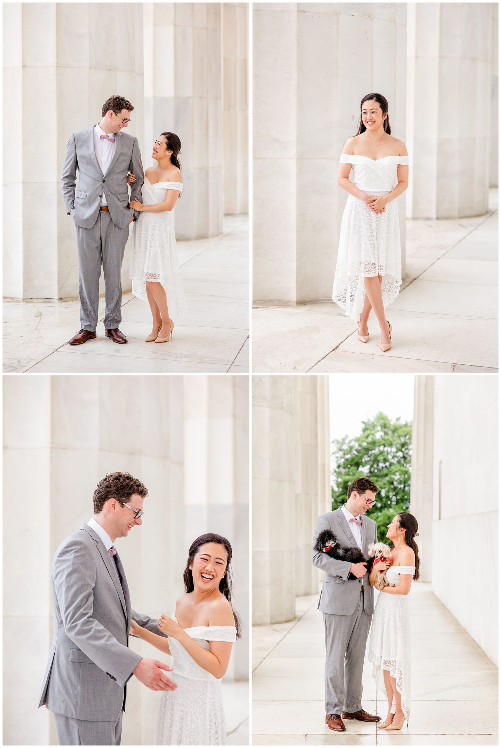 sunrise and sunset DC wedding, DC wedding photos, DC wedding portraits, micro-wedding, DC micro-wedding photography, DC micro-wedding photographer, DC petite wedding photographer, northern Virginia wedding photography, natural light wedding photography, unique wedding, Rachel E.H. Photography, couple holding dogs, couple laughing, woman holding mans arm, bride smiling