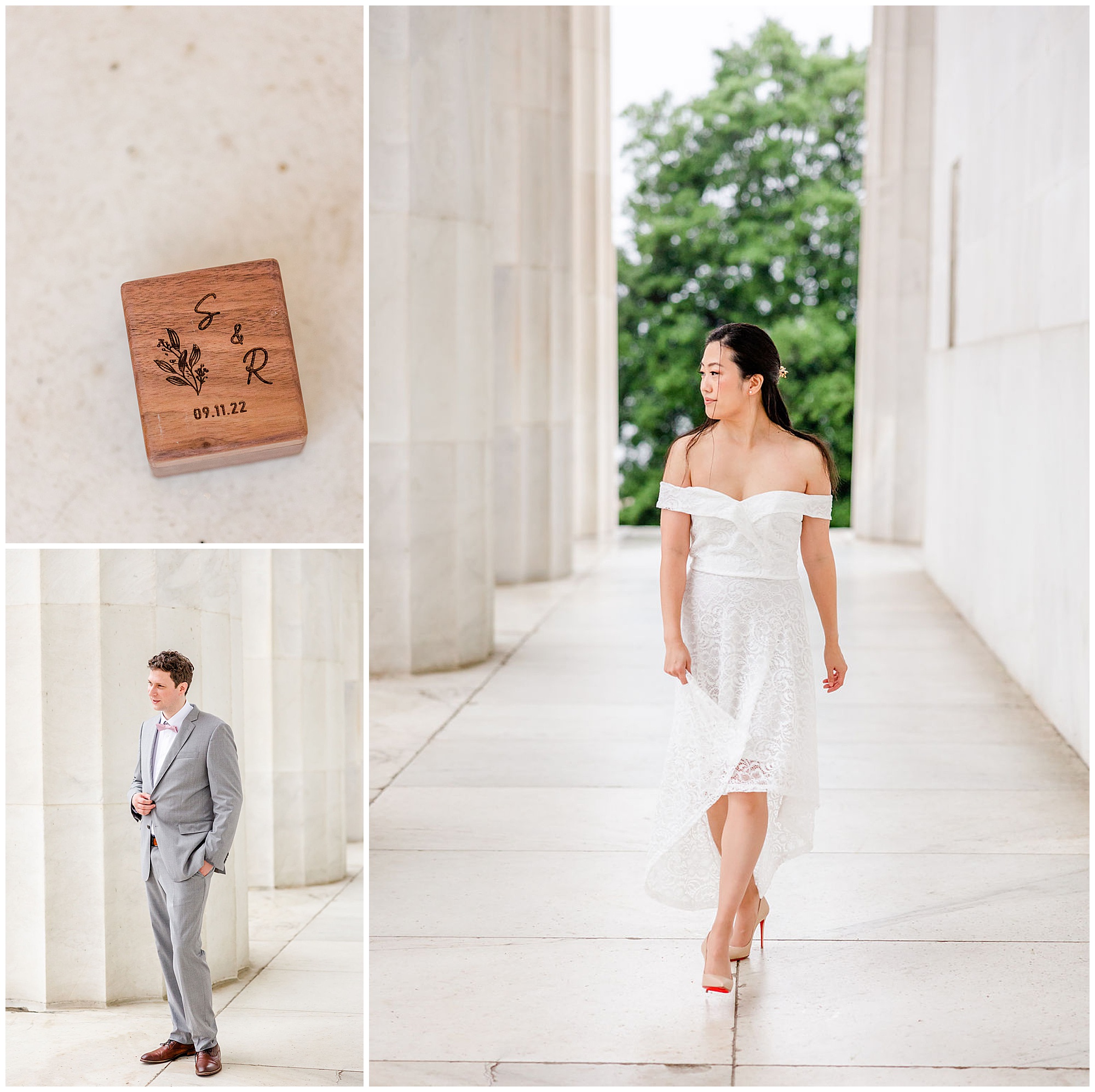 sunrise and sunset DC wedding, DC wedding photos, DC wedding portraits, micro-wedding, DC micro-wedding photography, DC micro-wedding photographer, DC petite wedding photographer, northern Virginia wedding photography, natural light wedding photography, unique wedding, Rachel E.H. Photography, wooden engraved box, groom with hands in pockets, bride walking towards camera, bride looking into distance
