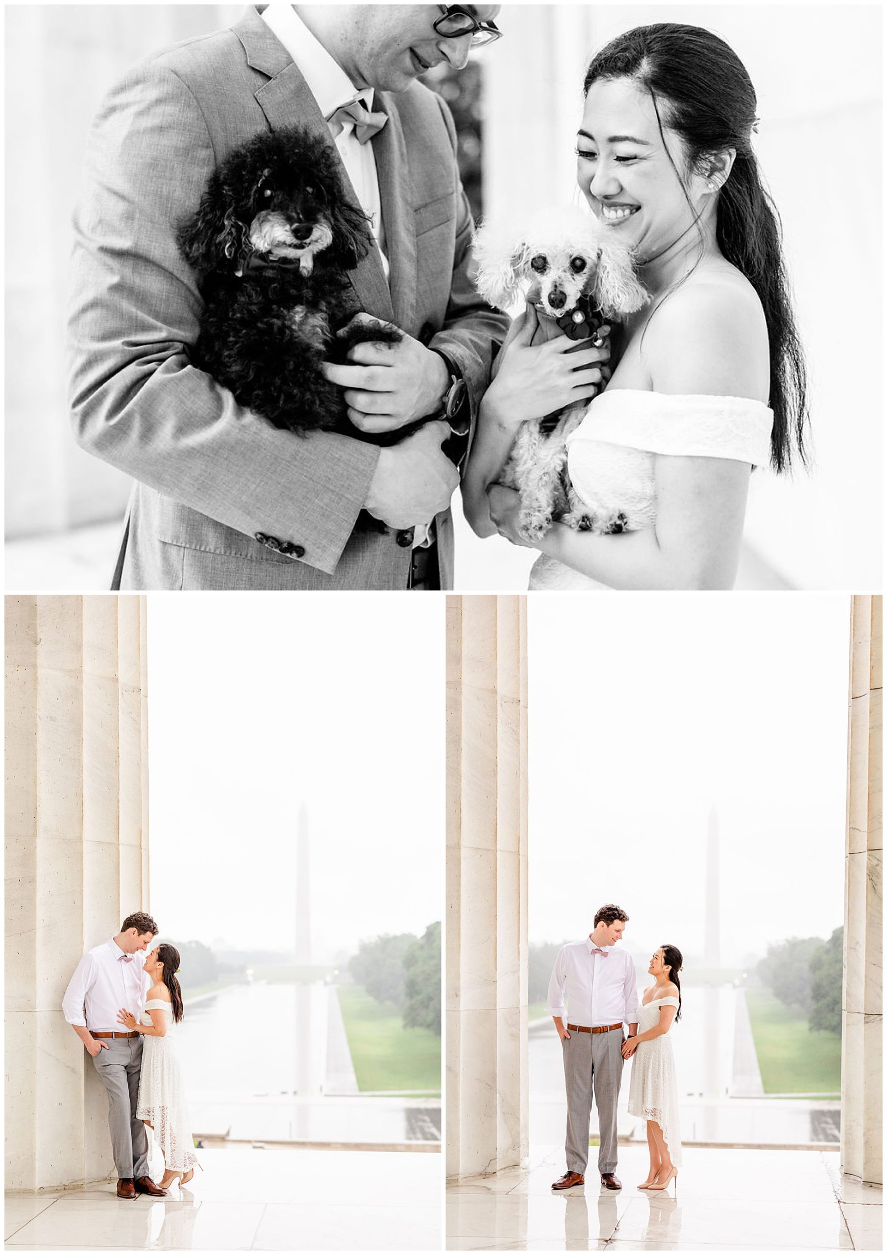 sunrise and sunset DC wedding, DC wedding photos, DC wedding portraits, micro-wedding, DC micro-wedding photography, DC micro-wedding photographer, DC petite wedding photographer, northern Virginia wedding photography, natural light wedding photography, unique wedding, Rachel E.H. Photography, black and white, couple holding dogs, couple almost kissing, couple leaning against marble pillar, hair and makeup by Carolyn Thombs Artistry