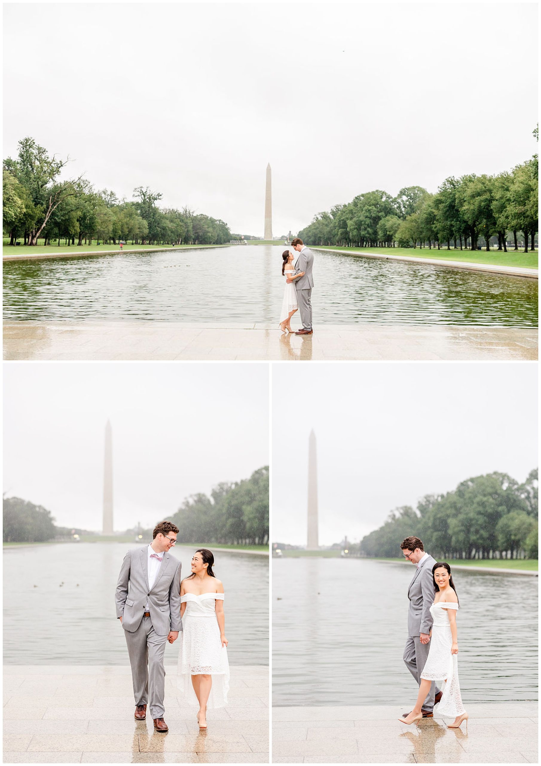 sunrise and sunset DC wedding, DC wedding photos, DC wedding portraits, micro-wedding, DC micro-wedding photography, DC micro-wedding photographer, DC petite wedding photographer, northern Virginia wedding photography, natural light wedding photography, unique wedding, Rachel E.H. Photography, couple almost kissing, couple in front of reflection pool, couple looking at each other, couple holding hands 