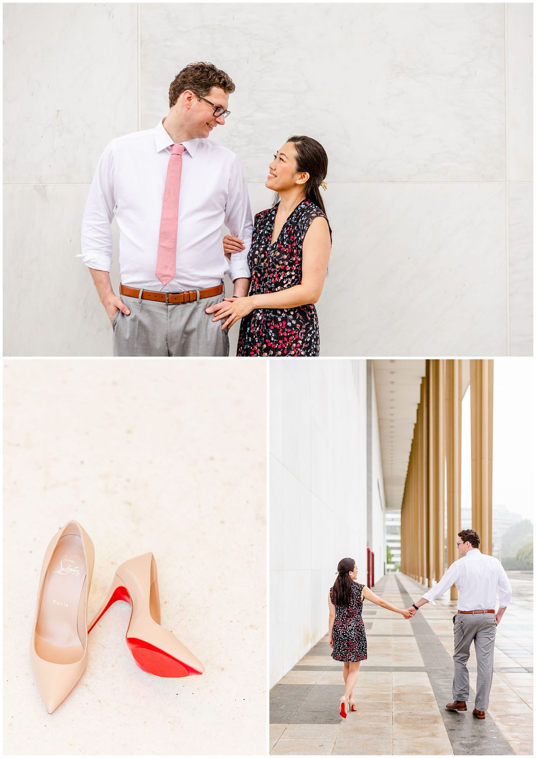 sunrise and sunset DC wedding, DC wedding photos, DC wedding portraits, micro-wedding, DC micro-wedding photography, DC micro-wedding photographer, DC petite wedding photographer, northern Virginia wedding photography, natural light wedding photography, unique wedding, Rachel E.H. Photography, couple looking at each other, beige wedding shoes, couple holding hands from a distance, hair and makeup by Carolyn Thombs Artistry