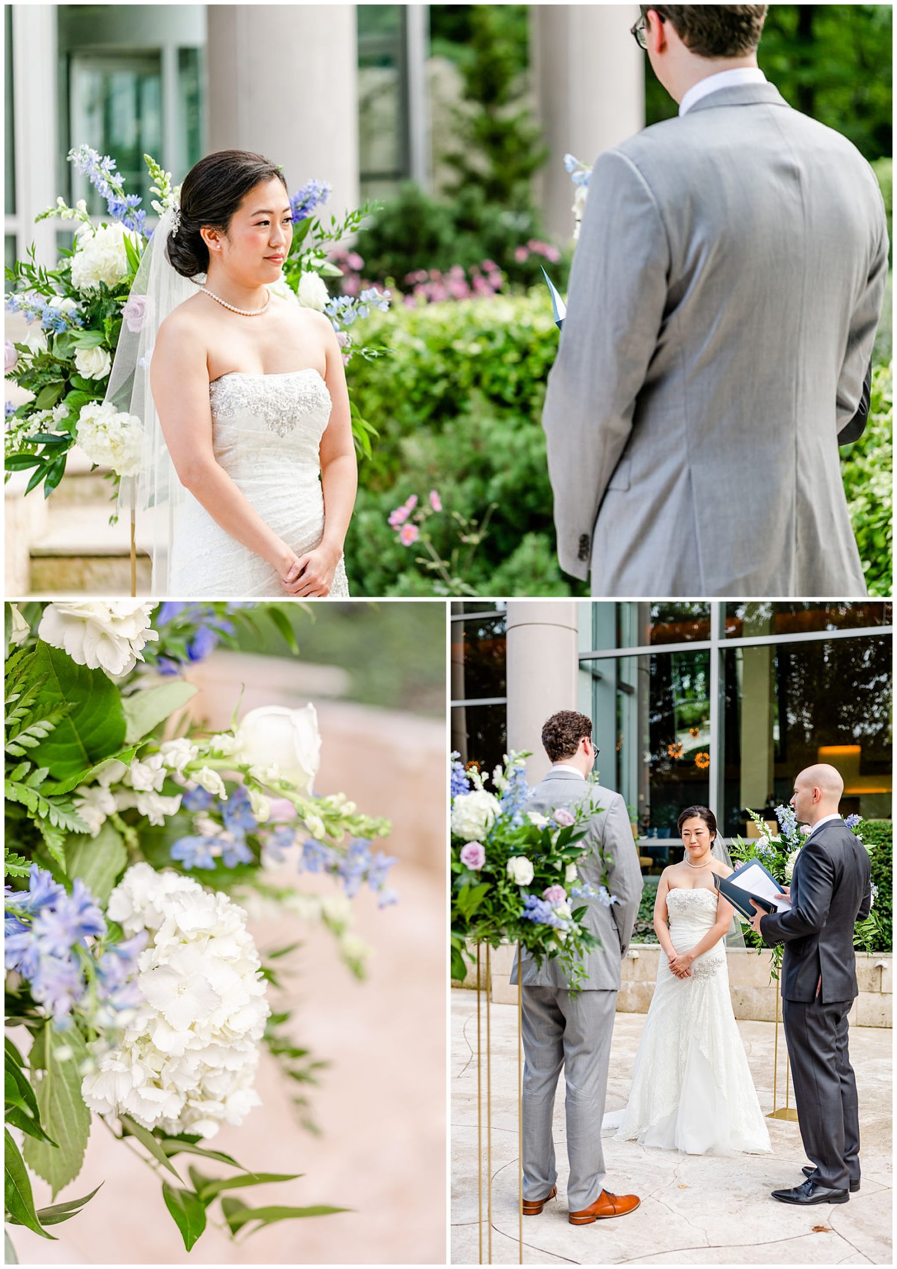 sunrise and sunset DC wedding, DC wedding photos, DC wedding portraits, micro-wedding, DC micro-wedding photography, DC micro-wedding photographer, DC petite wedding photographer, northern Virginia wedding photography, natural light wedding photography, unique wedding, Rachel E.H. Photography, couple at alter, bride standing at alter, blue and white flowers, hair and makeup by Carolyn Thombs Artistry