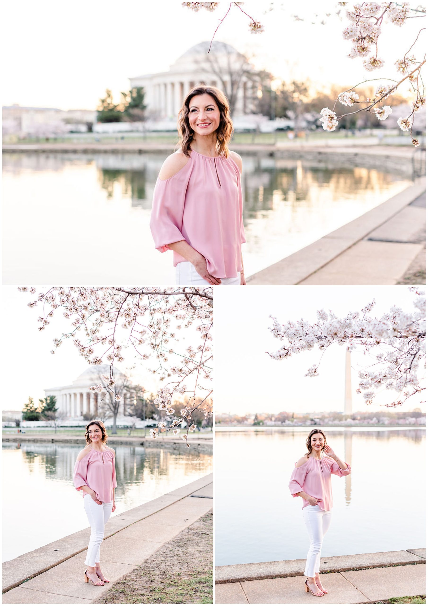 D.C. cherry blossoms headshots, cherry blossoms brand photos, DC peak bloom cherry blossoms, DC cherry blossoms photography, DC cherry blossoms photographer, DC cherry blossoms season, Rachel E.H. Photography, female headshots, woman smiling, woman brushing hair behind ear, woman with hand in pocket, pink blouse
