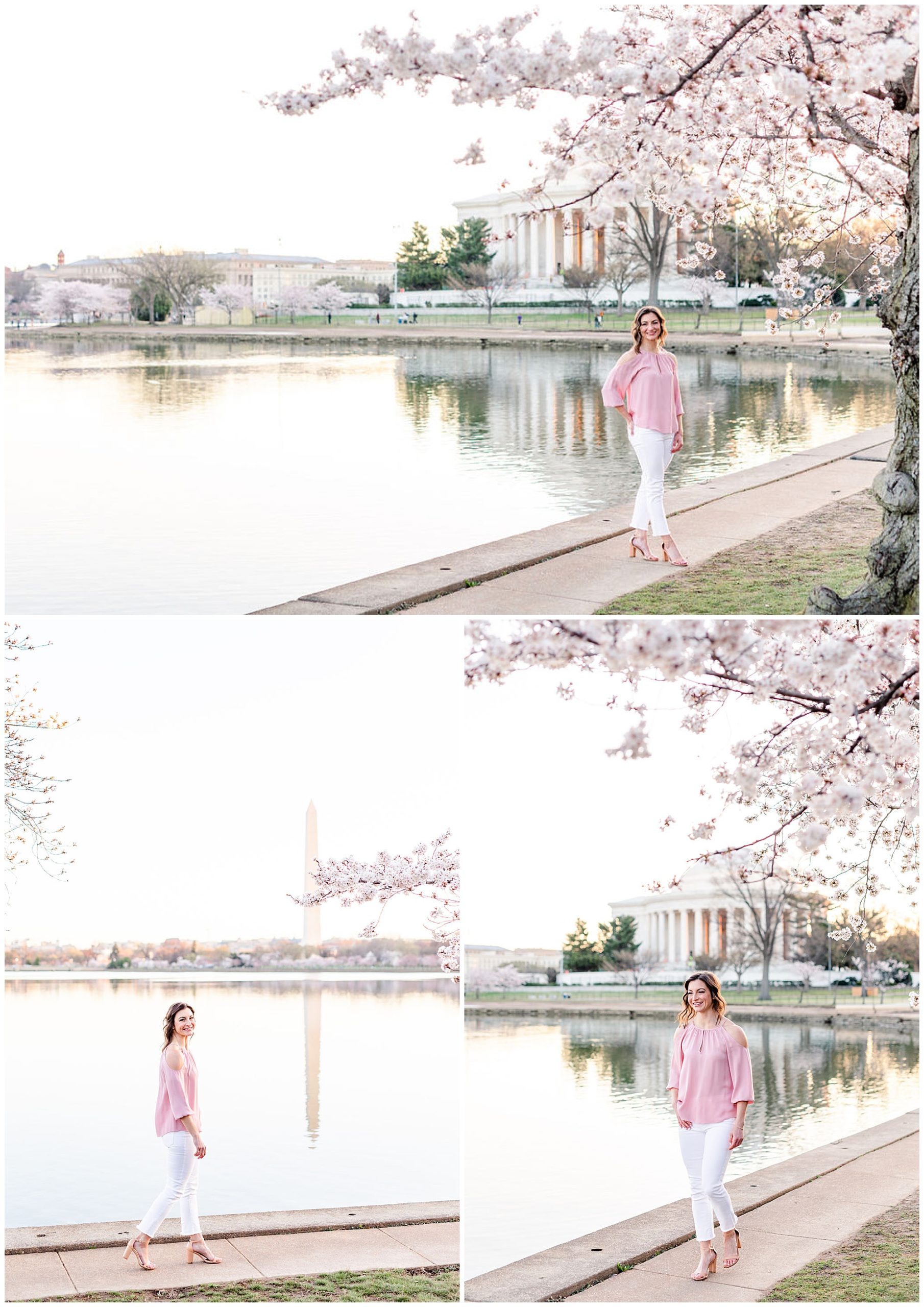 D.C. cherry blossoms headshots, cherry blossoms brand photos, DC peak bloom cherry blossoms, DC cherry blossoms photography, DC cherry blossoms photographer, DC cherry blossoms season, Rachel E.H. Photography, female headshots, pink blouse, woman walking away from camera, Jefferson memorial, woman with hands on hip