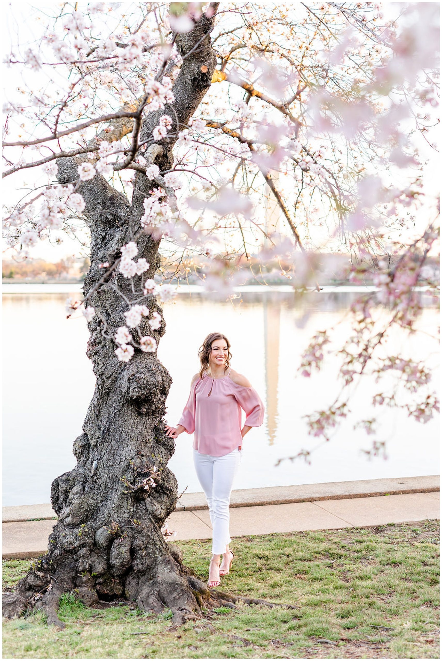 D.C. cherry blossoms headshots, cherry blossoms brand photos, DC peak bloom cherry blossoms, DC cherry blossoms photography, DC cherry blossoms photographer, DC cherry blossoms season, Rachel E.H. Photography, female headshots, woman looking into distance, woman with hand on tree, white pants