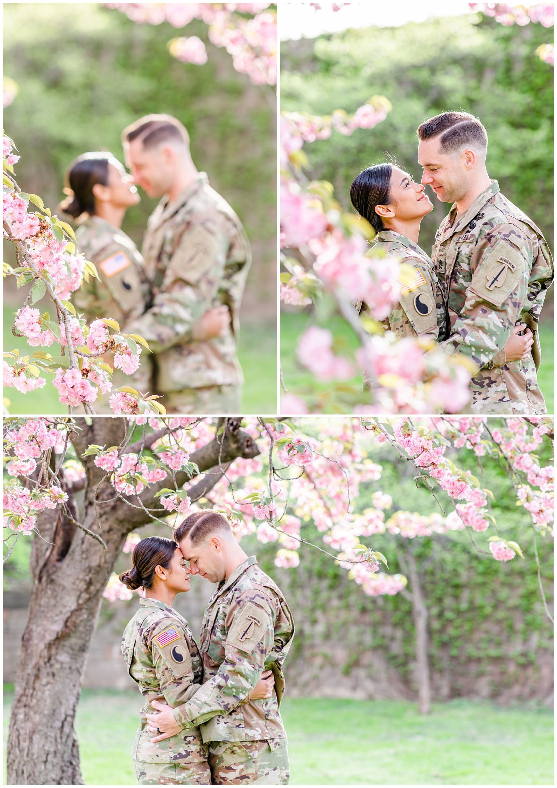 kwanzan cherry blossom portraits, Army couple, D.C. cherry blossom portraits, love birds, romantic portraits, couple goals, military couple, D.C. cherry blossoms photos, spring portraits, newlywed portraits, Rachel E.H. Photography, couple almost kissing, couple out of focus behind flowers, couple touching foreheads 