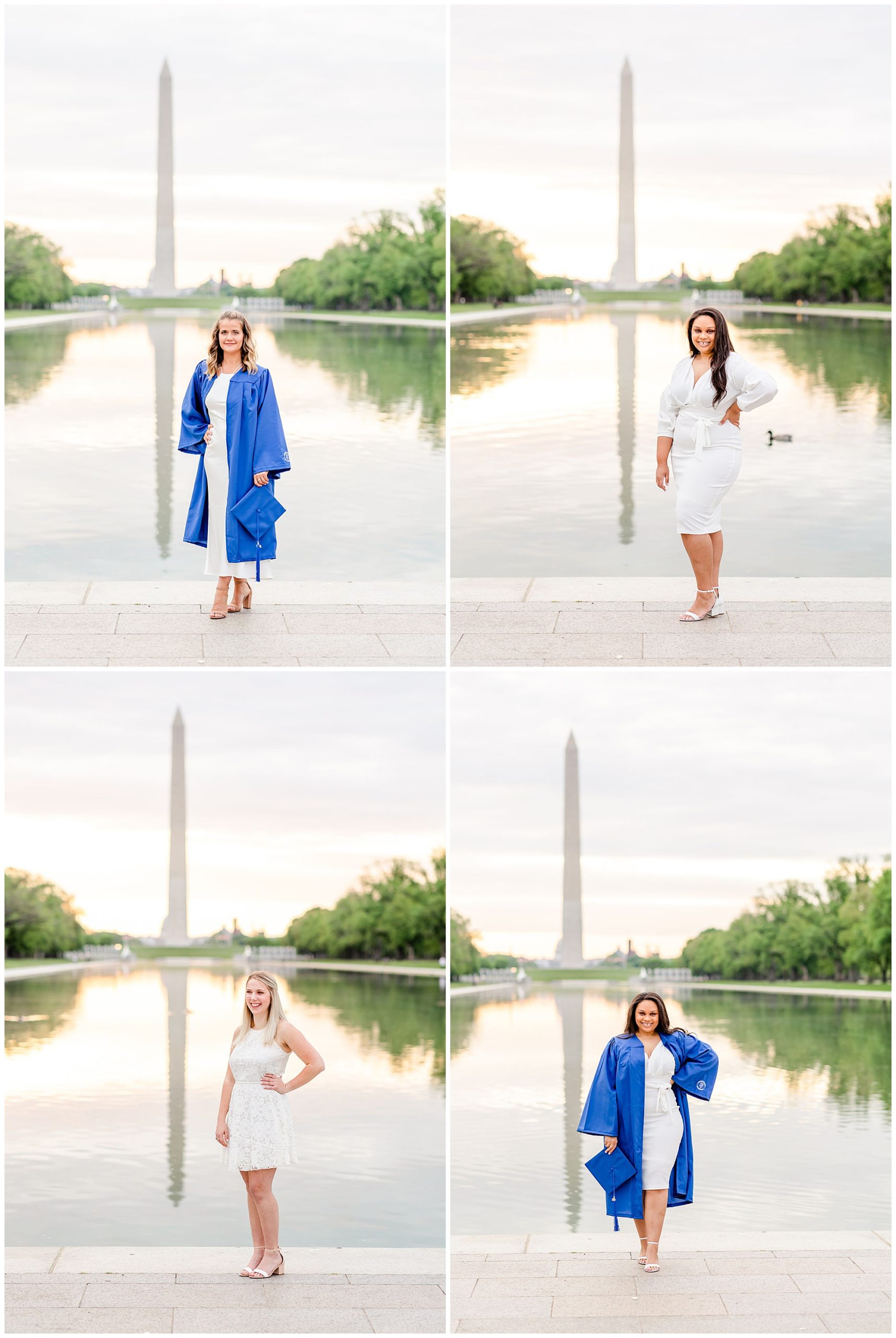 Marymount group graduation photos, LIncoln Memorial group graduation phtoos, Lincoln Memorial graduation photos, Lincoln memorial portraits, D.C. graduates, Washington D.C. universities, Marymount University graduates, Rachel E.H. Photography, blonde woman smiling with hand on hip, woman in front of reflecting pool, woman in graduation gown